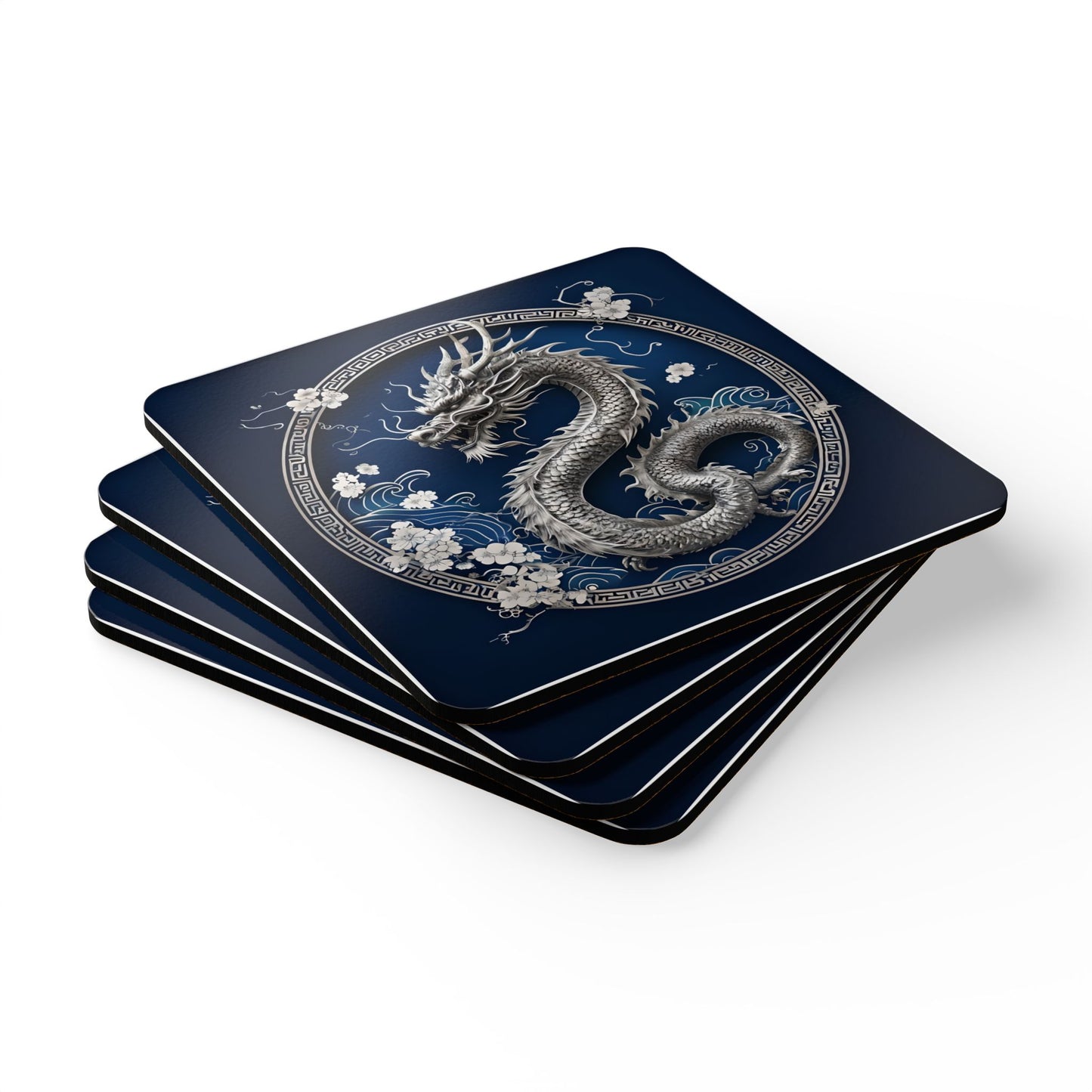 Navy Dragon Corkwood Coaster Set - Elegant Home Décor for Asian-Themed Parties