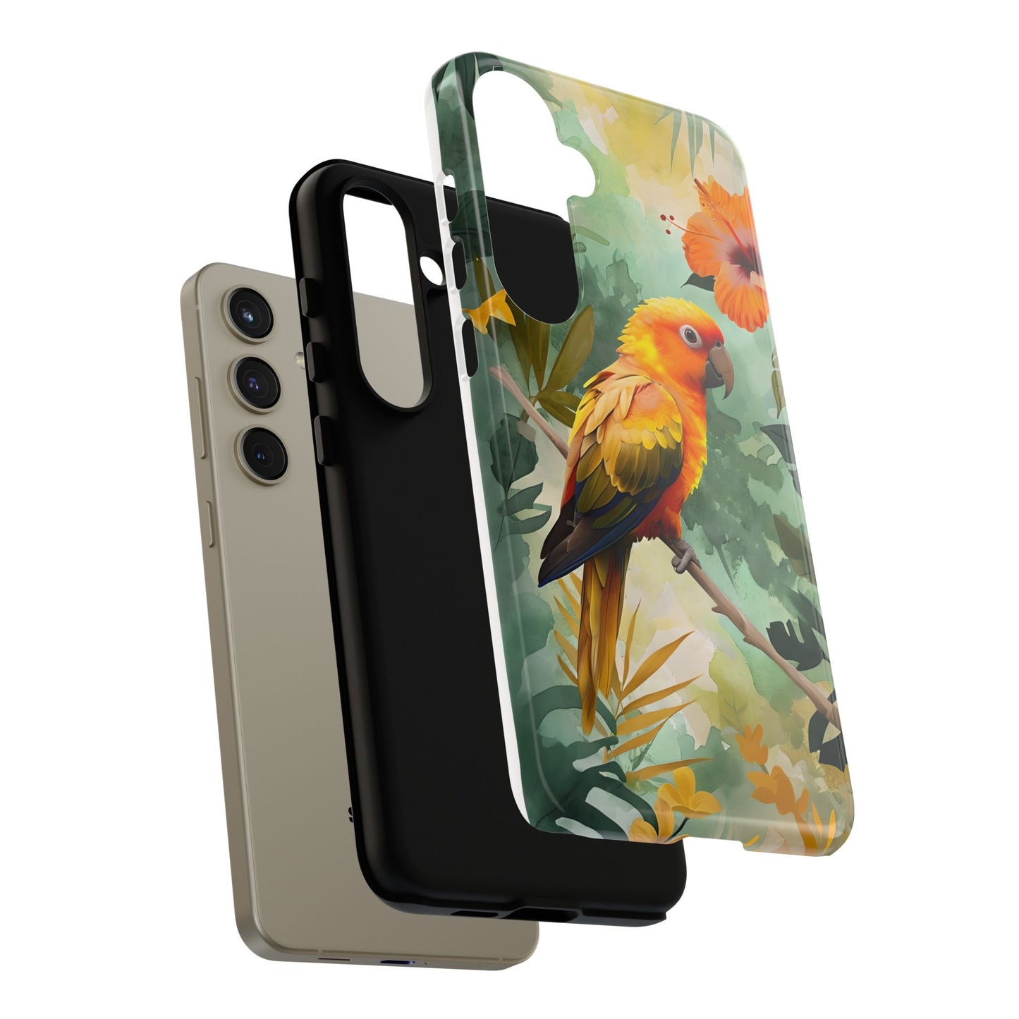 Tough Cases - Sun Conure Tropical Parrot Phone Case, Vibrant Floral Design, Durable Protection for Nature Lovers
