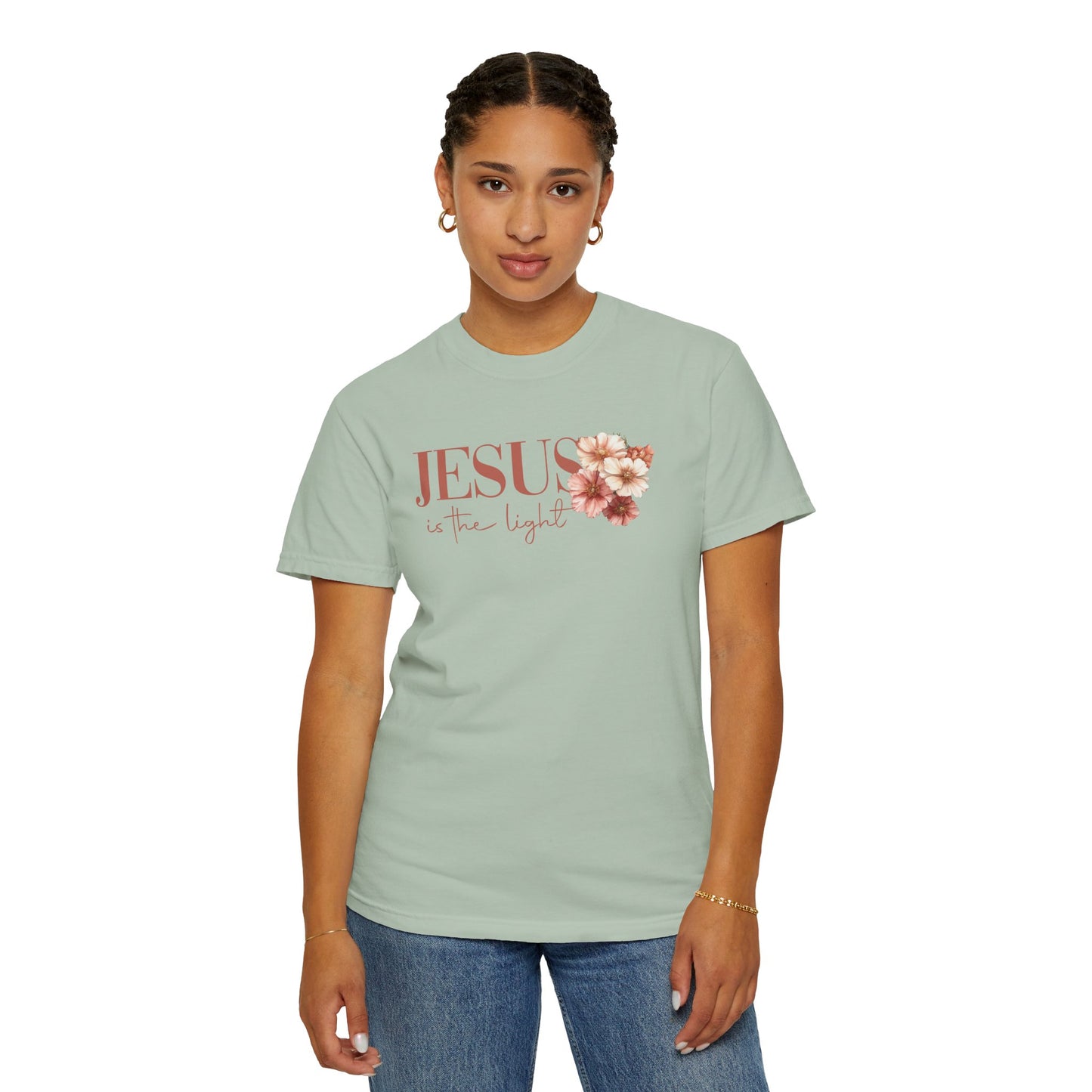 Inspirational Flower Cross T-shirt - Jesus is the Light Design