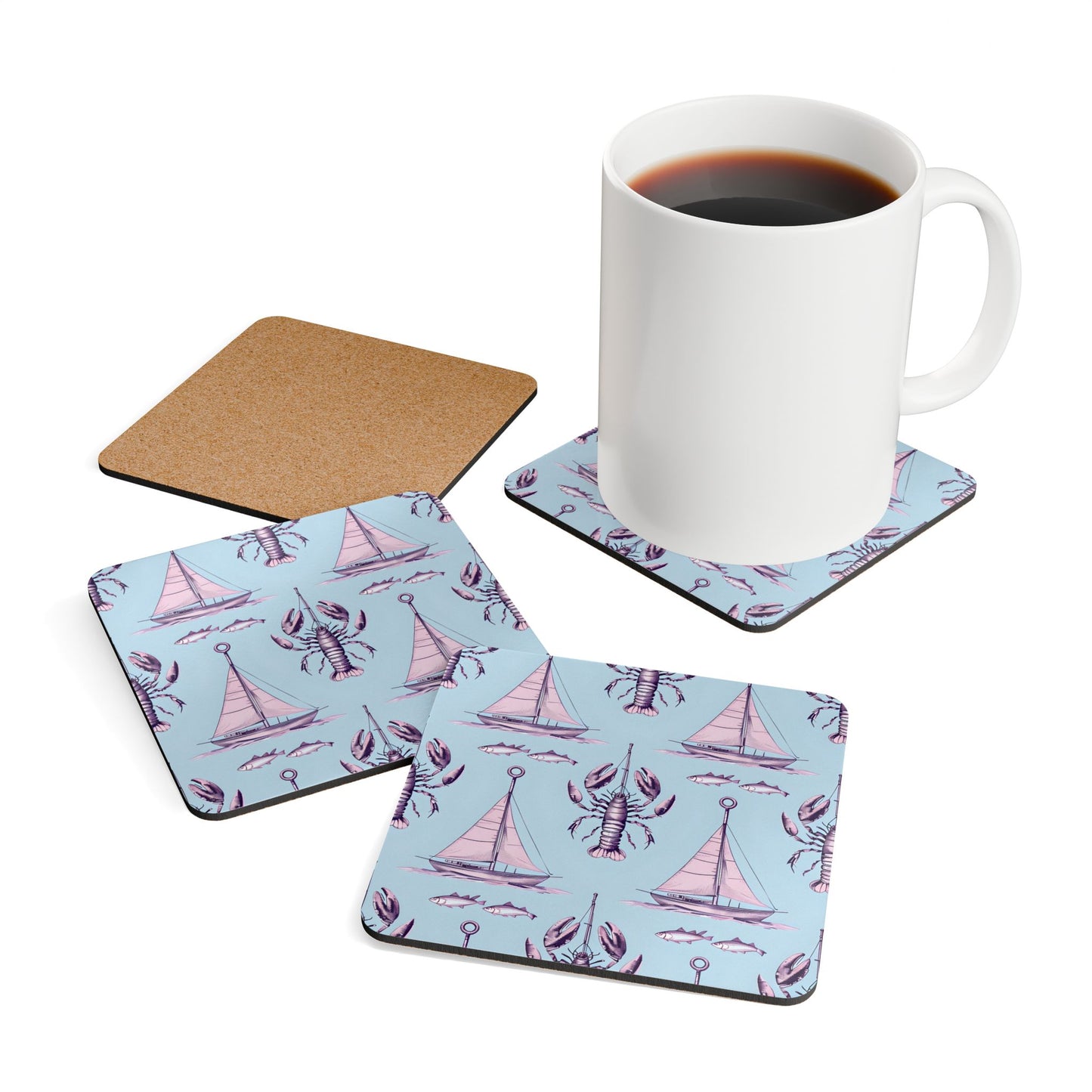 Nautical Corkwood Coaster Set - Sailboats & Sea Life Design