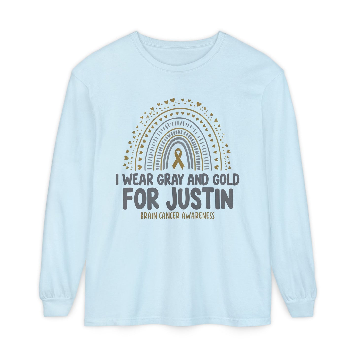 JUSTIN ADULT LONG SLEEVE- Brain Cancer Awareness Long Sleeve T-Shirt - I Wear Gray and Gold for Justin