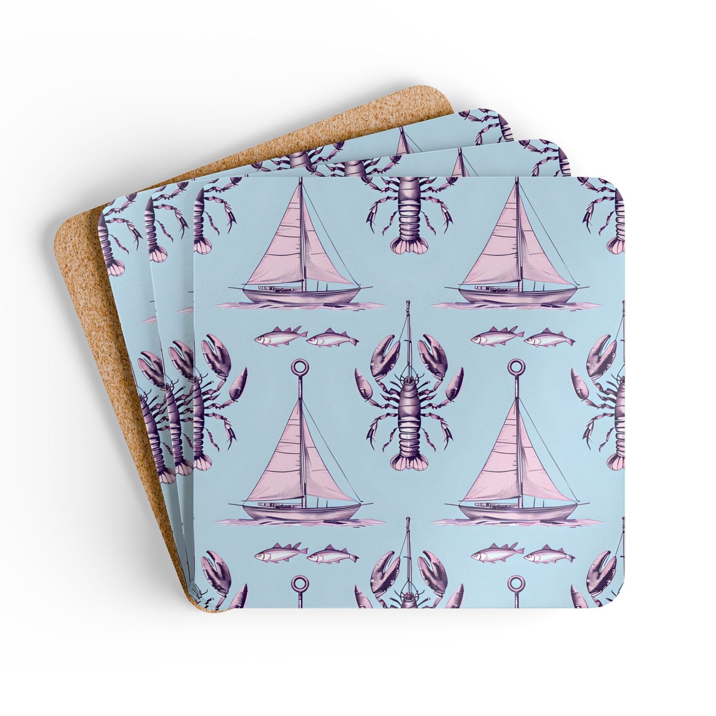 Nautical Corkwood Coaster Set - Sailboats & Sea Life Design