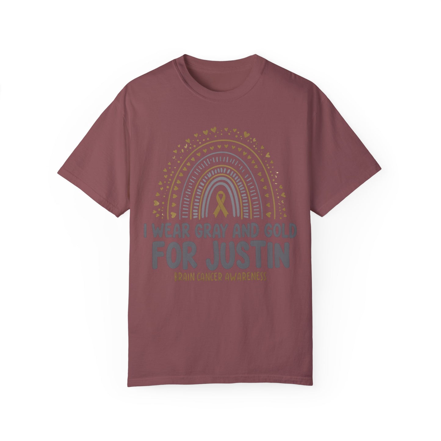 JUSTIN ADULT-Brain Cancer Awareness T-Shirt - I Wear Gray and Gold for Justin