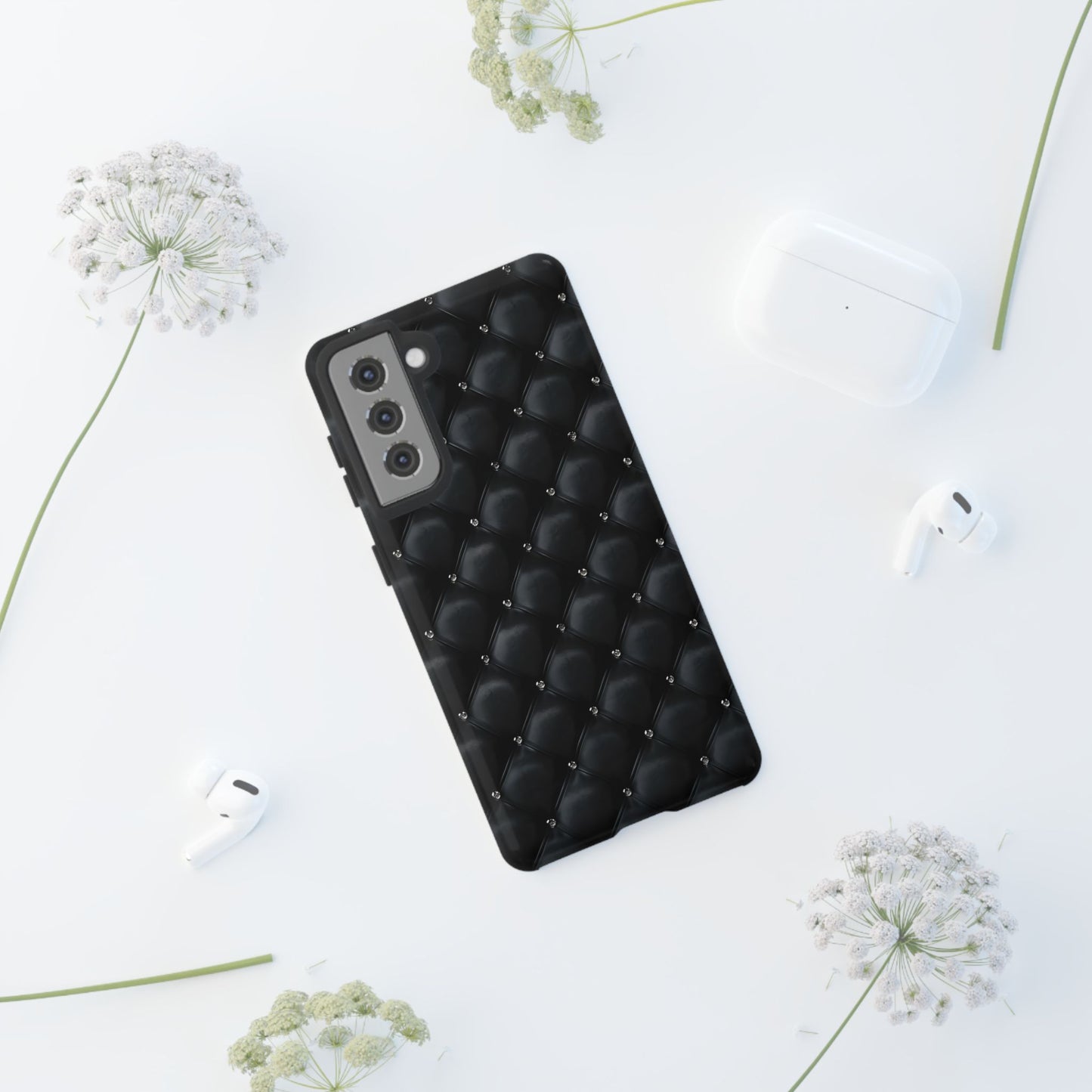 Stylish Tough Phone Case - Elegant Black Quilted Design