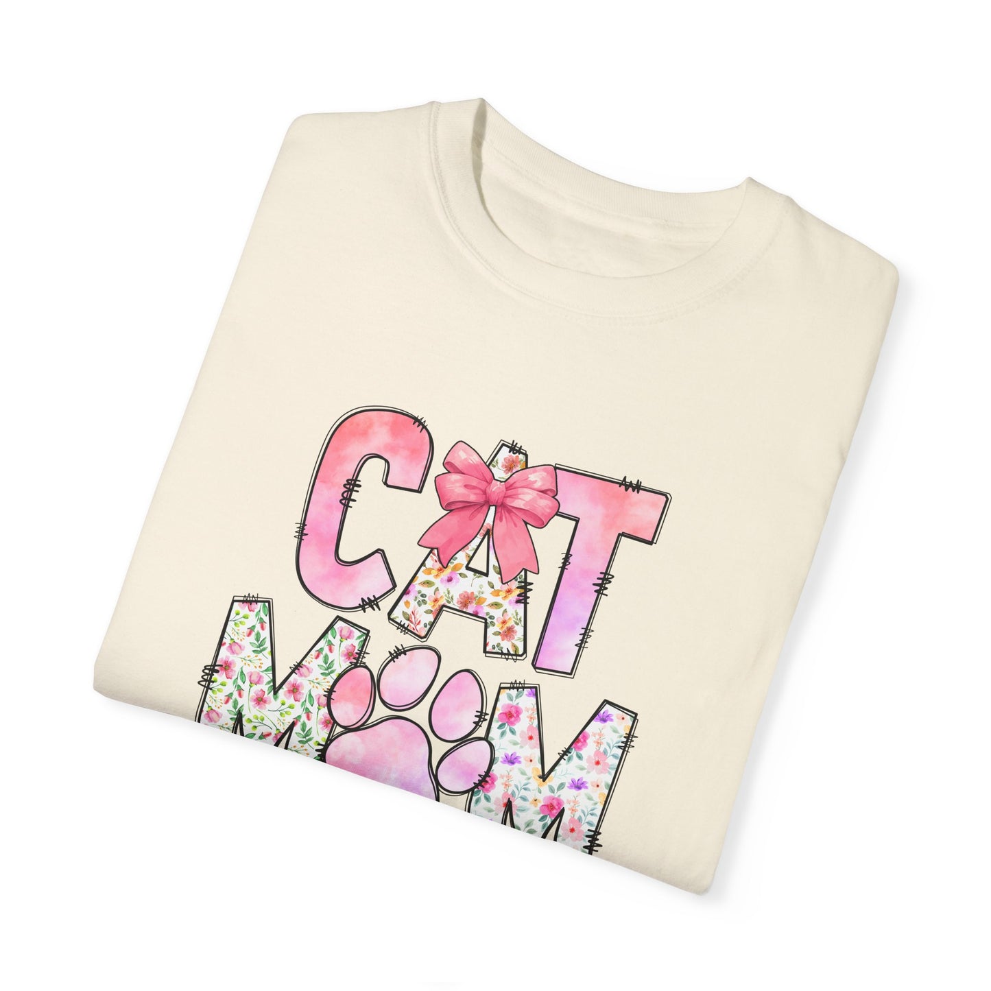 Cat Mom Garment-Dyed T-Shirt | Cute Floral Design for Cat Lovers