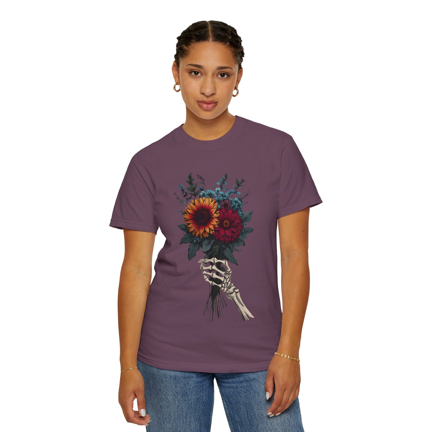 Skeleton Hand Floral Bouquet Tee - Unisex Garment-Dyed T-shirt