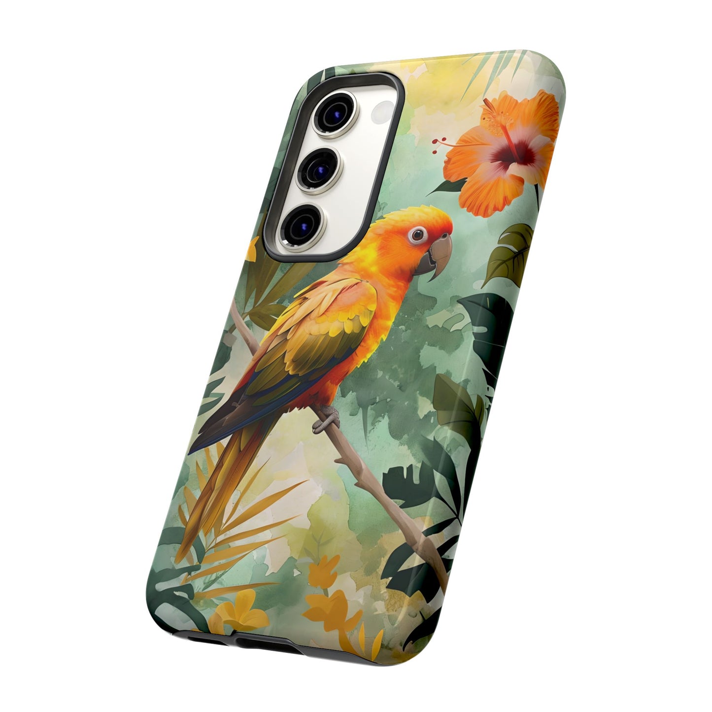 Tough Cases - Sun Conure Tropical Parrot Phone Case, Vibrant Floral Design, Durable Protection for Nature Lovers