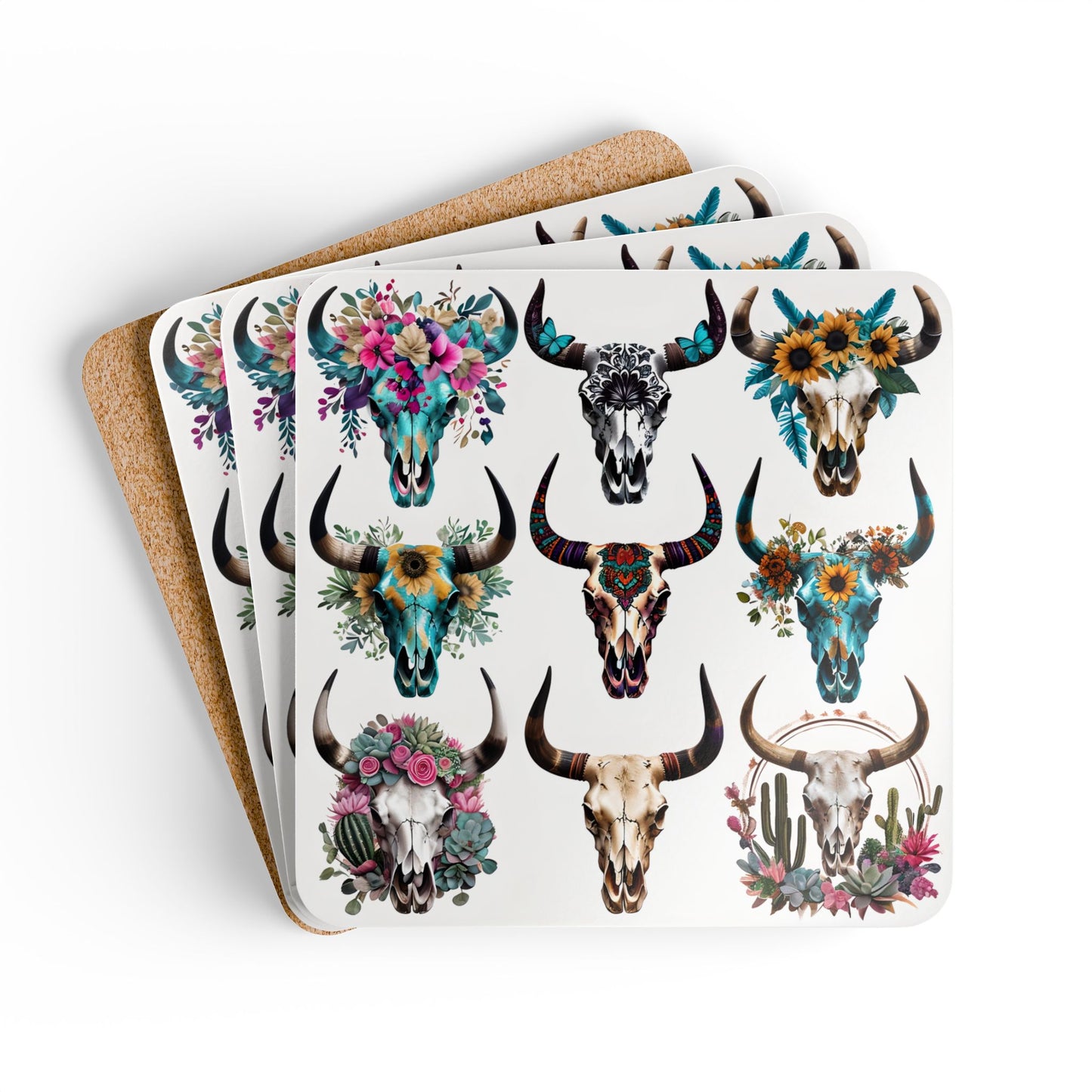 Rustic Floral Skull Coaster Set - 9 Unique Corkwood Designs