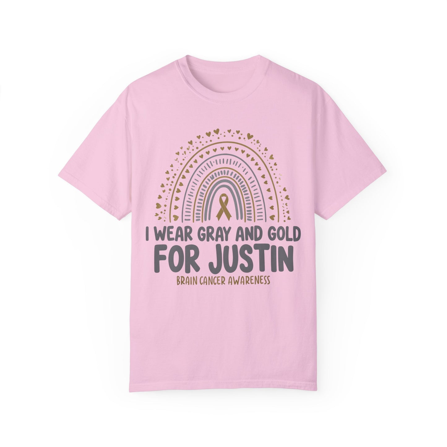 JUSTIN ADULT-Brain Cancer Awareness T-Shirt - I Wear Gray and Gold for Justin
