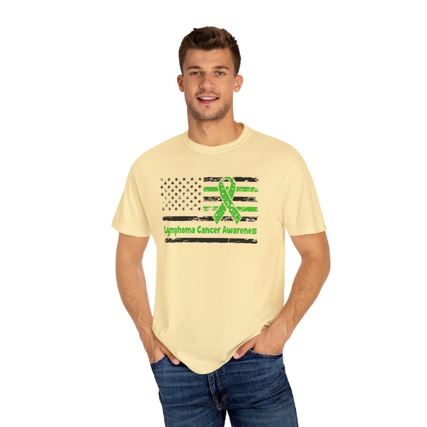 Lymphoma Awareness T-Shirt, Unisex Garment-Dyed Tee, Cancer Support Shirt, Green Ribbon Tee, Gift for Awareness Events