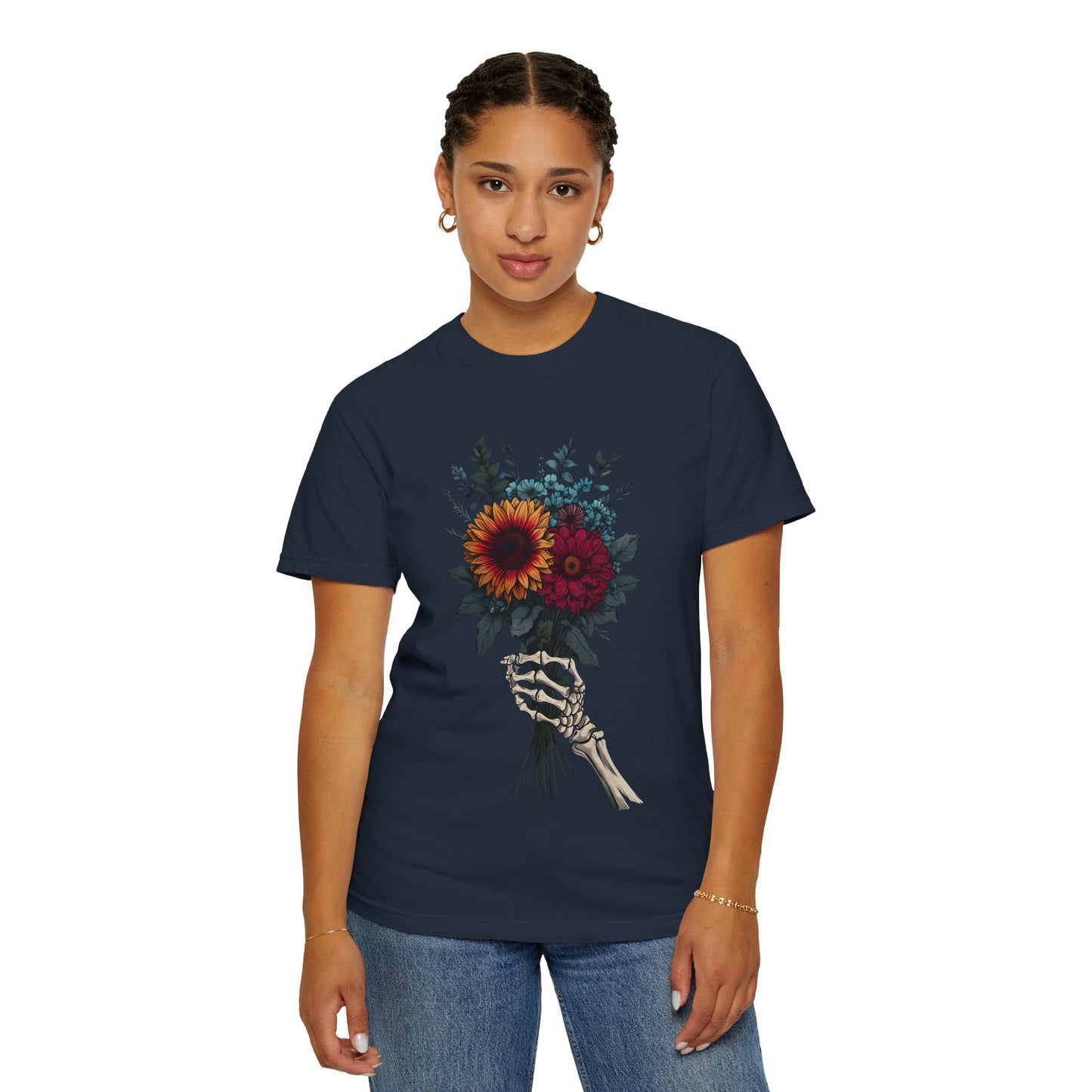Skeleton Hand Floral Bouquet Tee - Unisex Garment-Dyed T-shirt