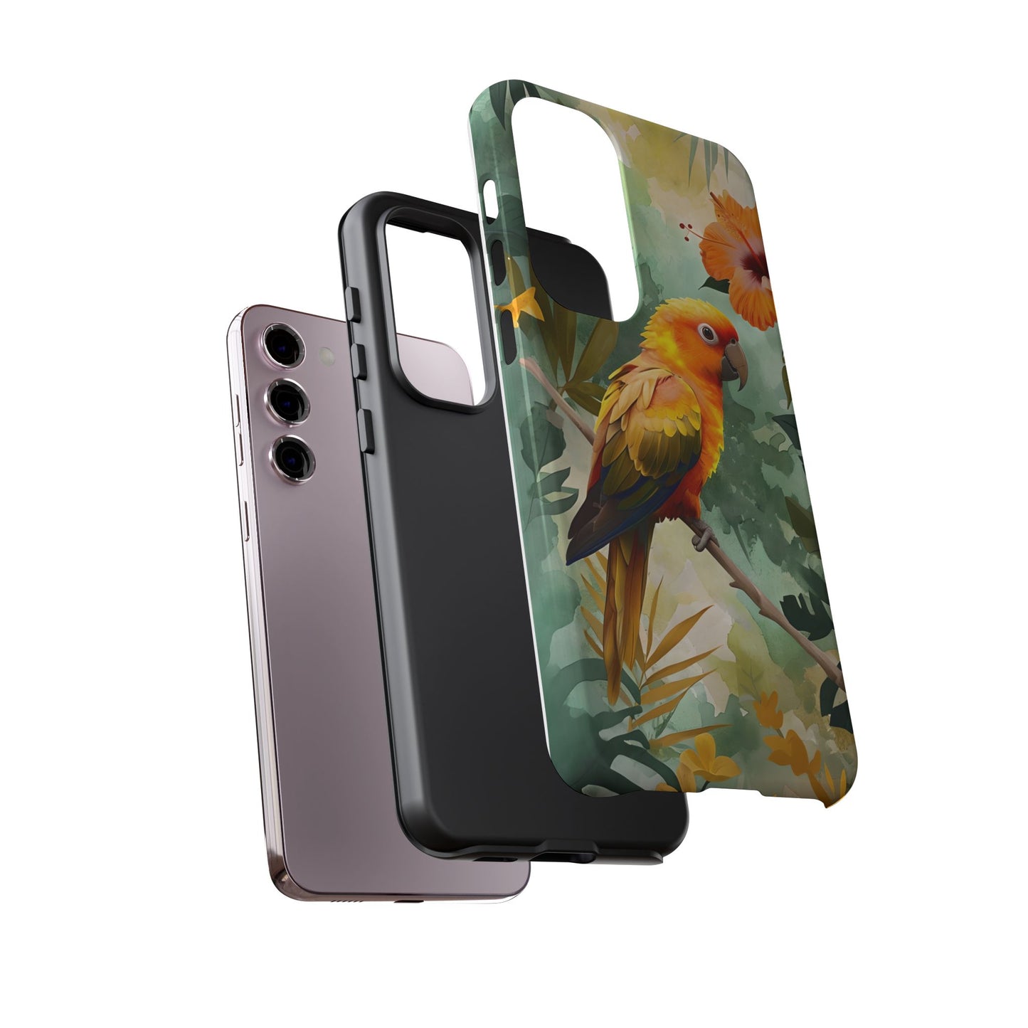 Tough Cases - Sun Conure Tropical Parrot Phone Case, Vibrant Floral Design, Durable Protection for Nature Lovers