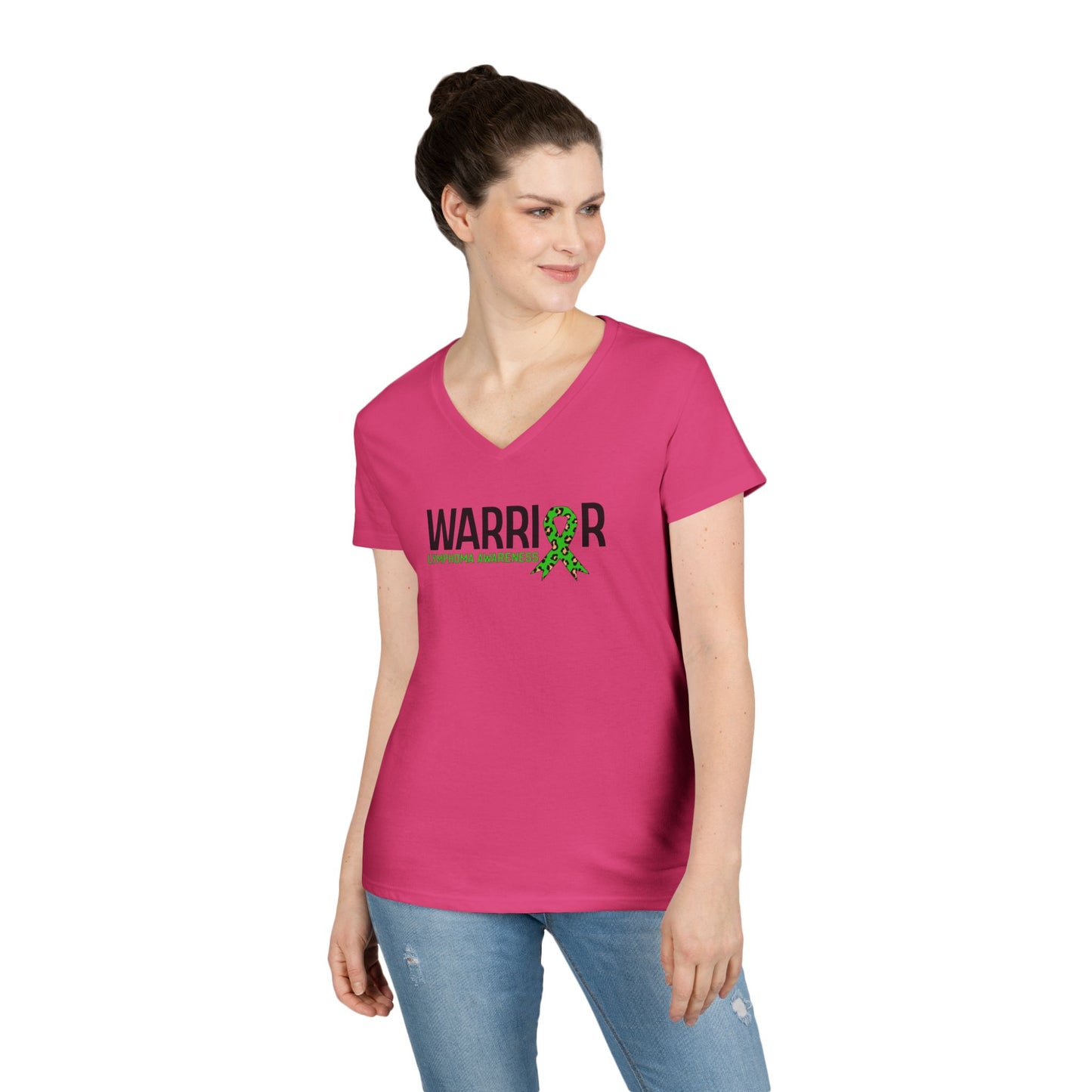 Ladies' V-Neck T-Shirt - Lymphedema Awareness Warrior Tee, Supportive Gift, Cancer Awareness, Health Advocacy, Green Ribbon Tee