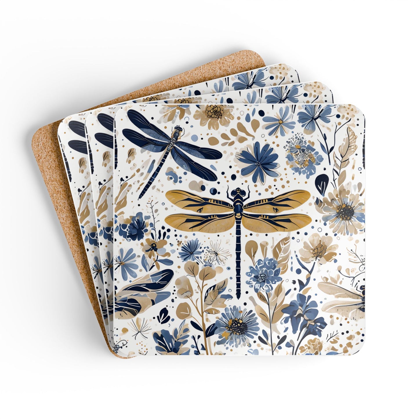 Floral Dragonfly Cork Coaster Set - Eco-Friendly Drink Coasters for Home Decor