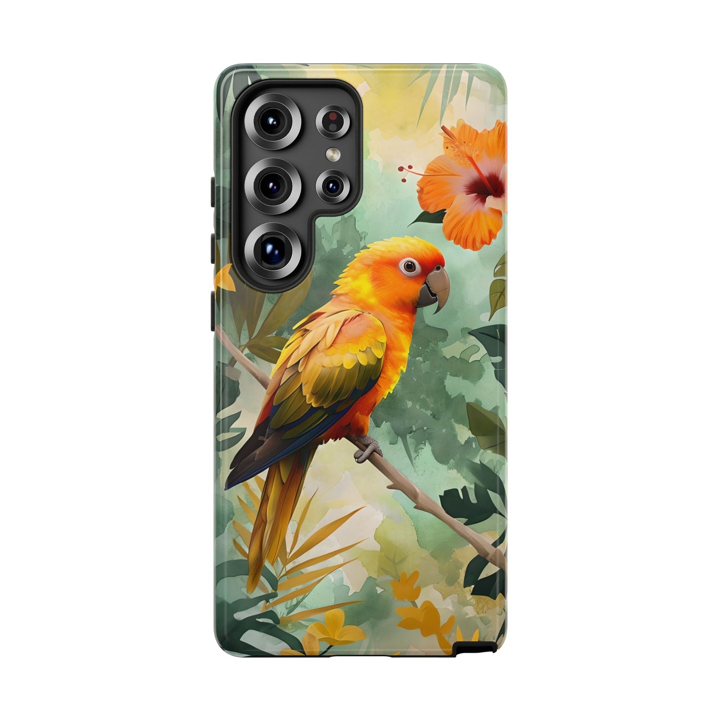 Tough Cases - Sun Conure Tropical Parrot Phone Case, Vibrant Floral Design, Durable Protection for Nature Lovers
