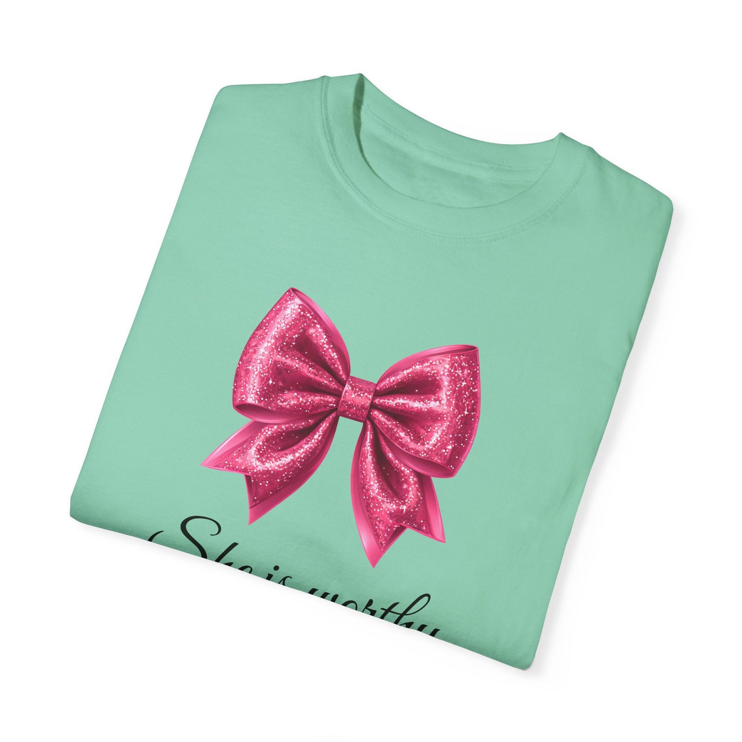 She Is Worthy Coquette Glitter Pink Bow Unisex T-Shirt - Glitter Bow Design