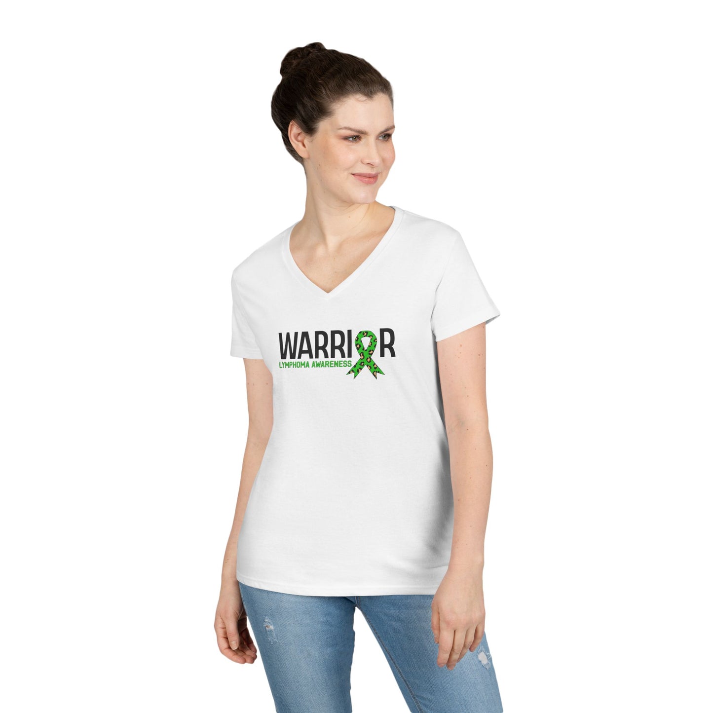 Ladies' V-Neck T-Shirt - Lymphedema Awareness Warrior Tee, Supportive Gift, Cancer Awareness, Health Advocacy, Green Ribbon Tee