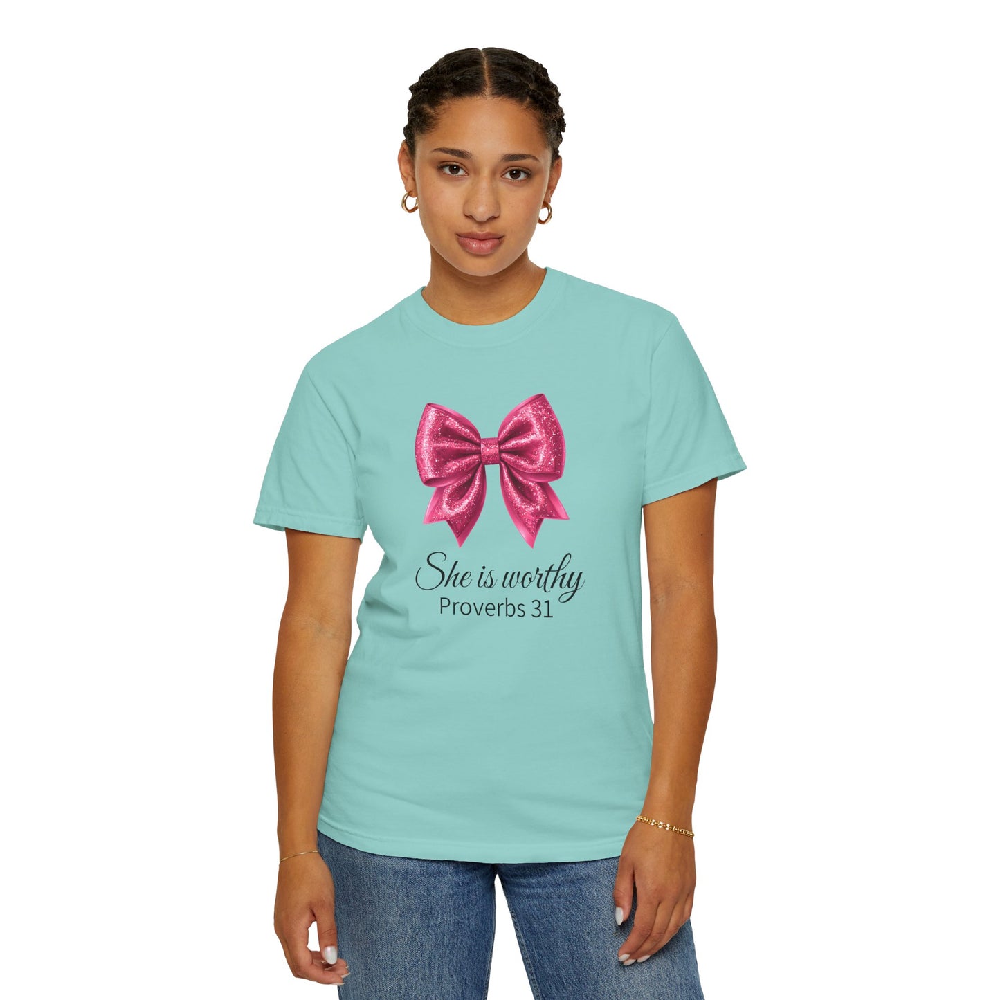 She Is Worthy Coquette Glitter Pink Bow Unisex T-Shirt - Glitter Bow Design