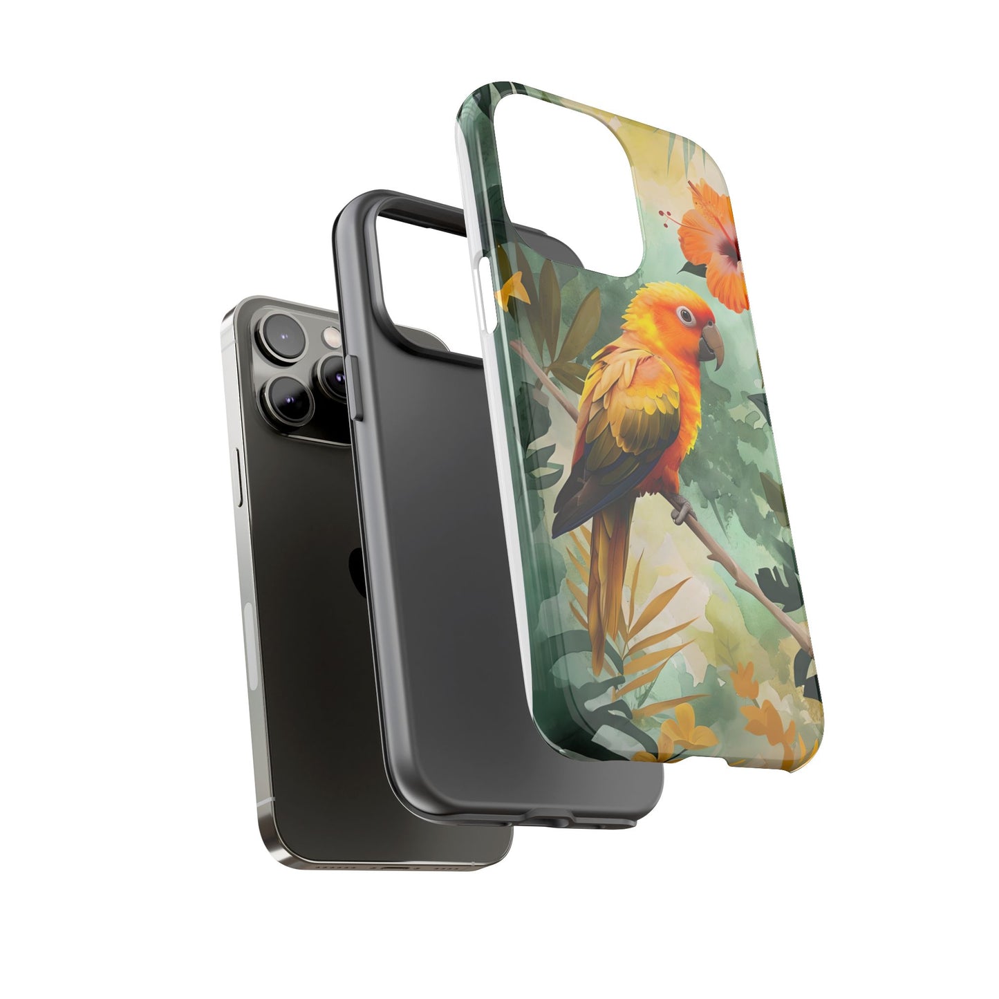 Tough Cases - Sun Conure Tropical Parrot Phone Case, Vibrant Floral Design, Durable Protection for Nature Lovers