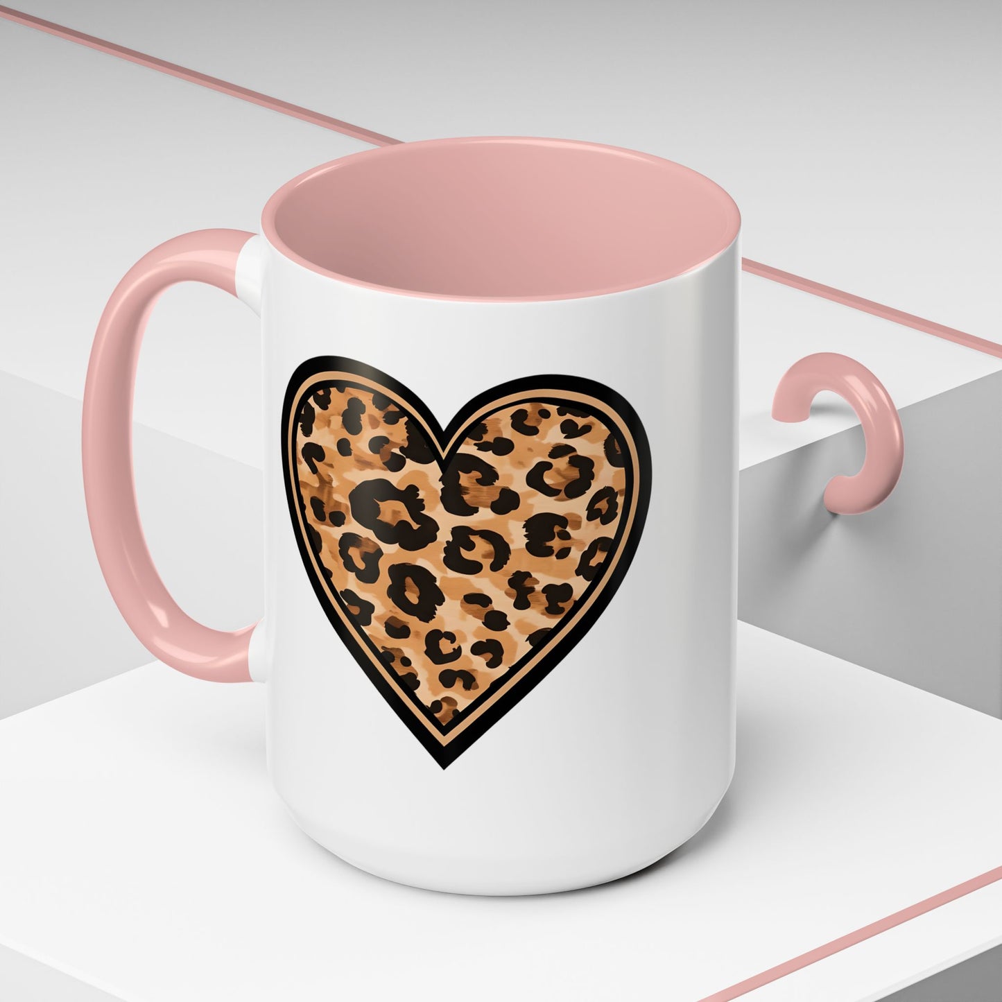 Leopard Heart Accent Coffee 15 oz Mug - Stylish Animal Print Mug for Daily Inspiration