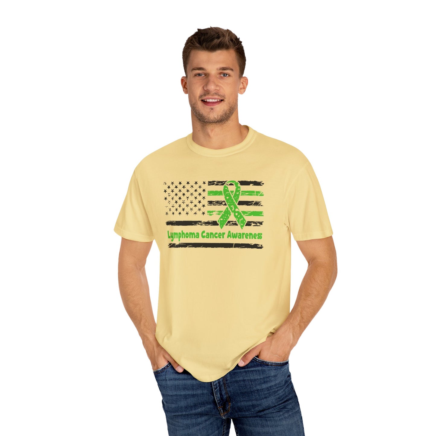 Lymphoma Awareness T-Shirt, Unisex Garment-Dyed Tee, Cancer Support Shirt, Green Ribbon Tee, Gift for Awareness Events
