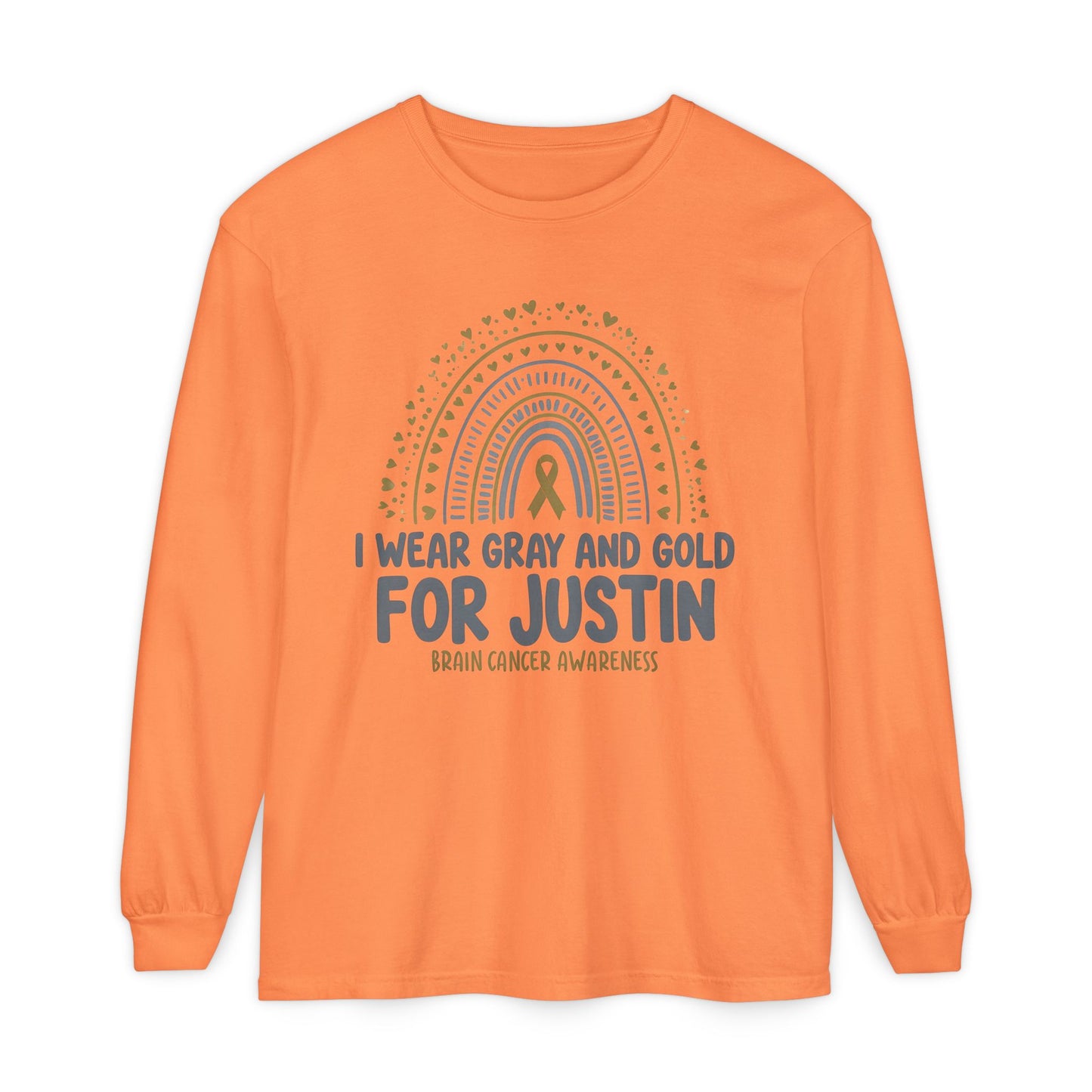 JUSTIN ADULT LONG SLEEVE- Brain Cancer Awareness Long Sleeve T-Shirt - I Wear Gray and Gold for Justin