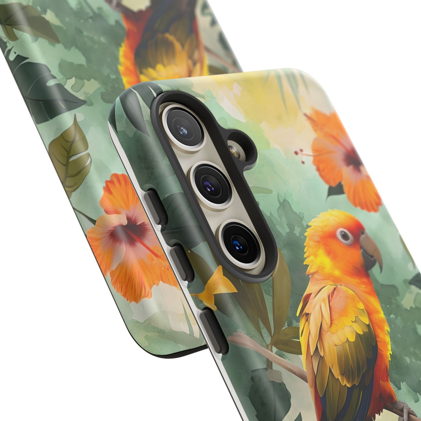 Tough Cases - Sun Conure Tropical Parrot Phone Case, Vibrant Floral Design, Durable Protection for Nature Lovers