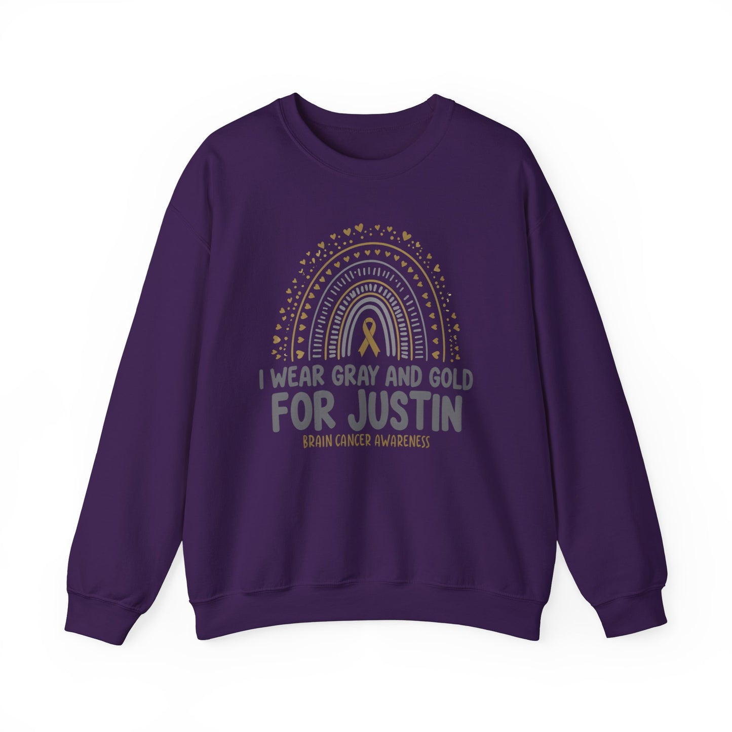 ADULT SWEATSHIRT JUSTIN Brain Cancer Awareness Crewneck Sweatshirt - I Wear Gray and Gold for Justin