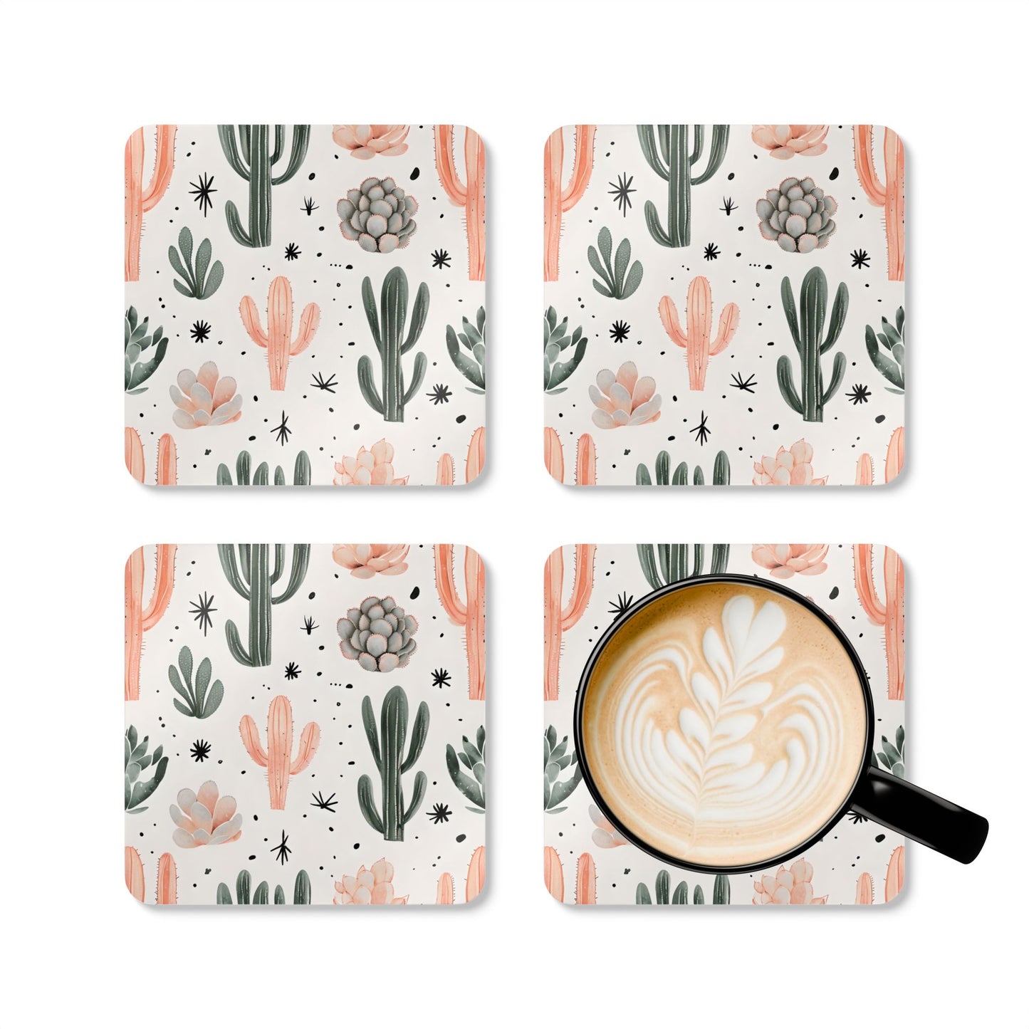 Cactus Print Cork Coaster Set - Decorative Drink Coasters for Home & Parties