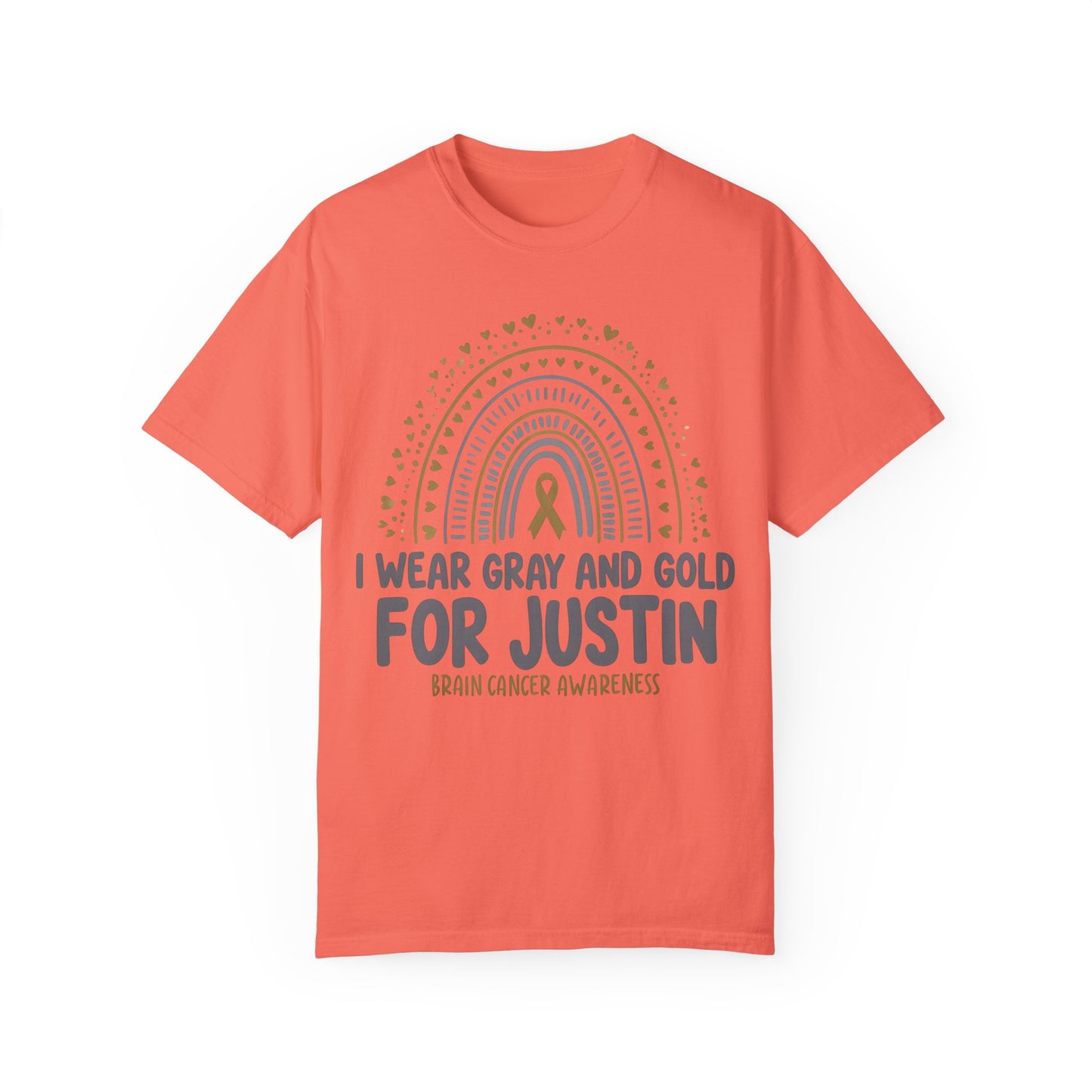JUSTIN ADULT-Brain Cancer Awareness T-Shirt - I Wear Gray and Gold for Justin