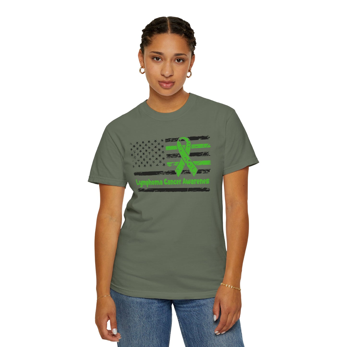 Lymphoma Awareness T-Shirt, Unisex Garment-Dyed Tee, Cancer Support Shirt, Green Ribbon Tee, Gift for Awareness Events