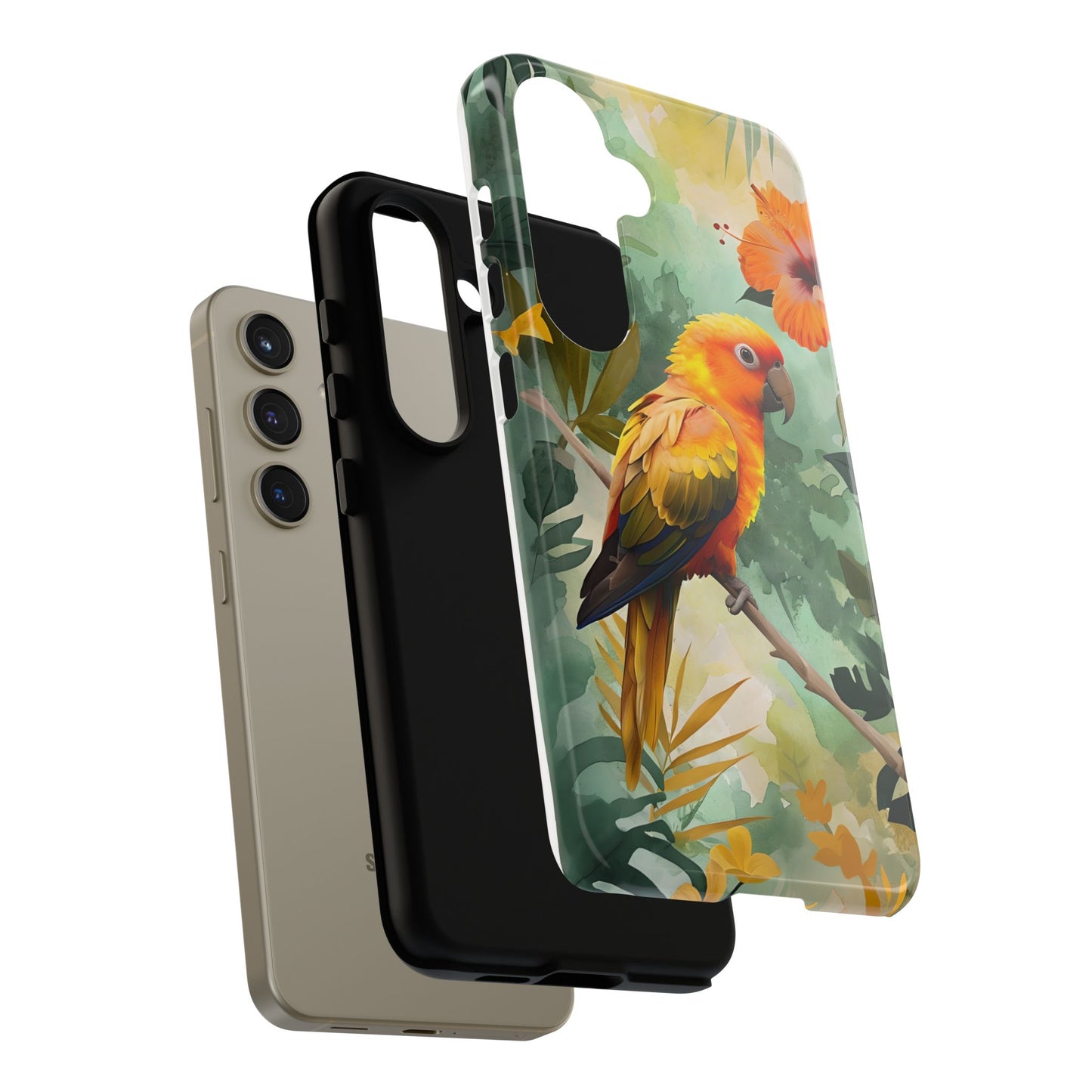 Tough Cases - Sun Conure Tropical Parrot Phone Case, Vibrant Floral Design, Durable Protection for Nature Lovers