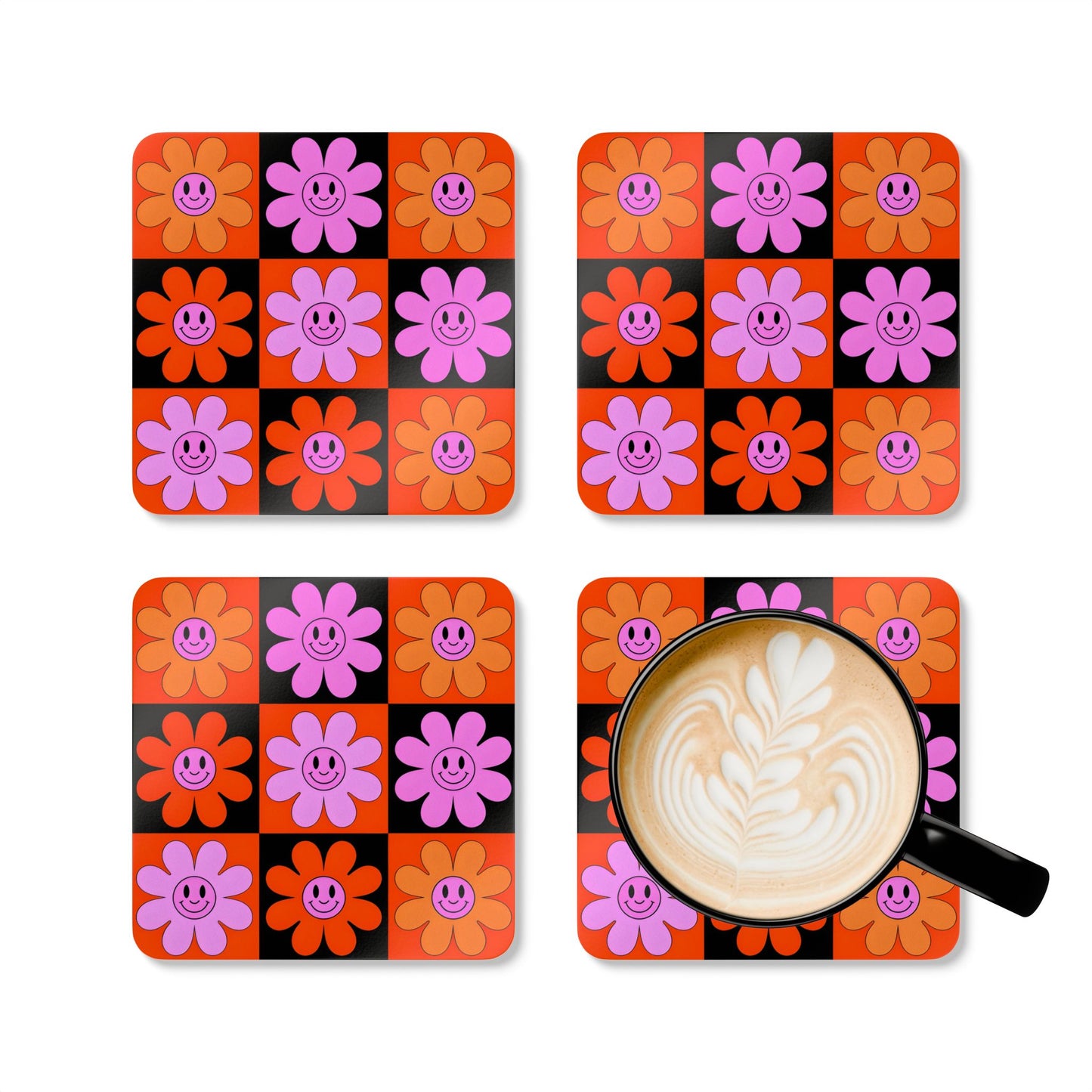 Retro Floral Cork Coaster Set - Happy Smiley Design for Home & Parties