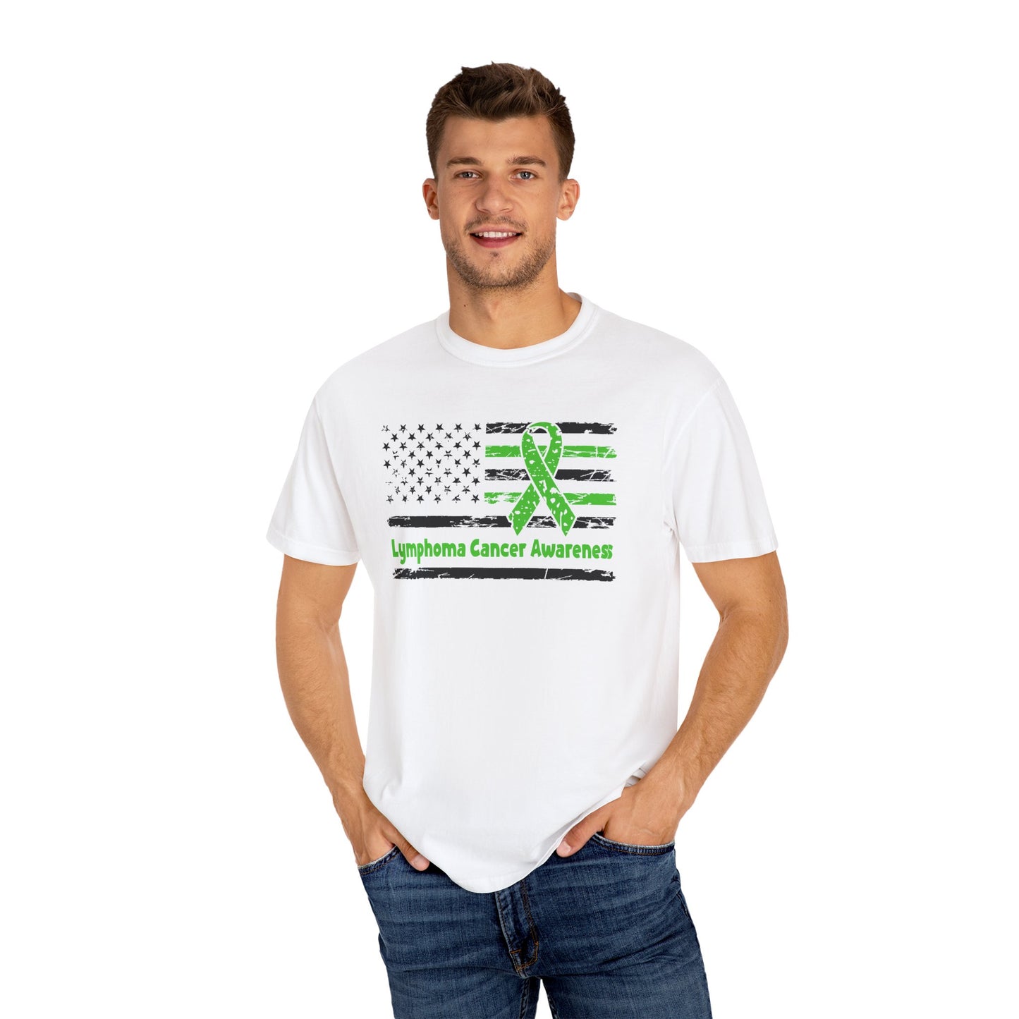 Lymphoma Awareness T-Shirt, Unisex Garment-Dyed Tee, Cancer Support Shirt, Green Ribbon Tee, Gift for Awareness Events
