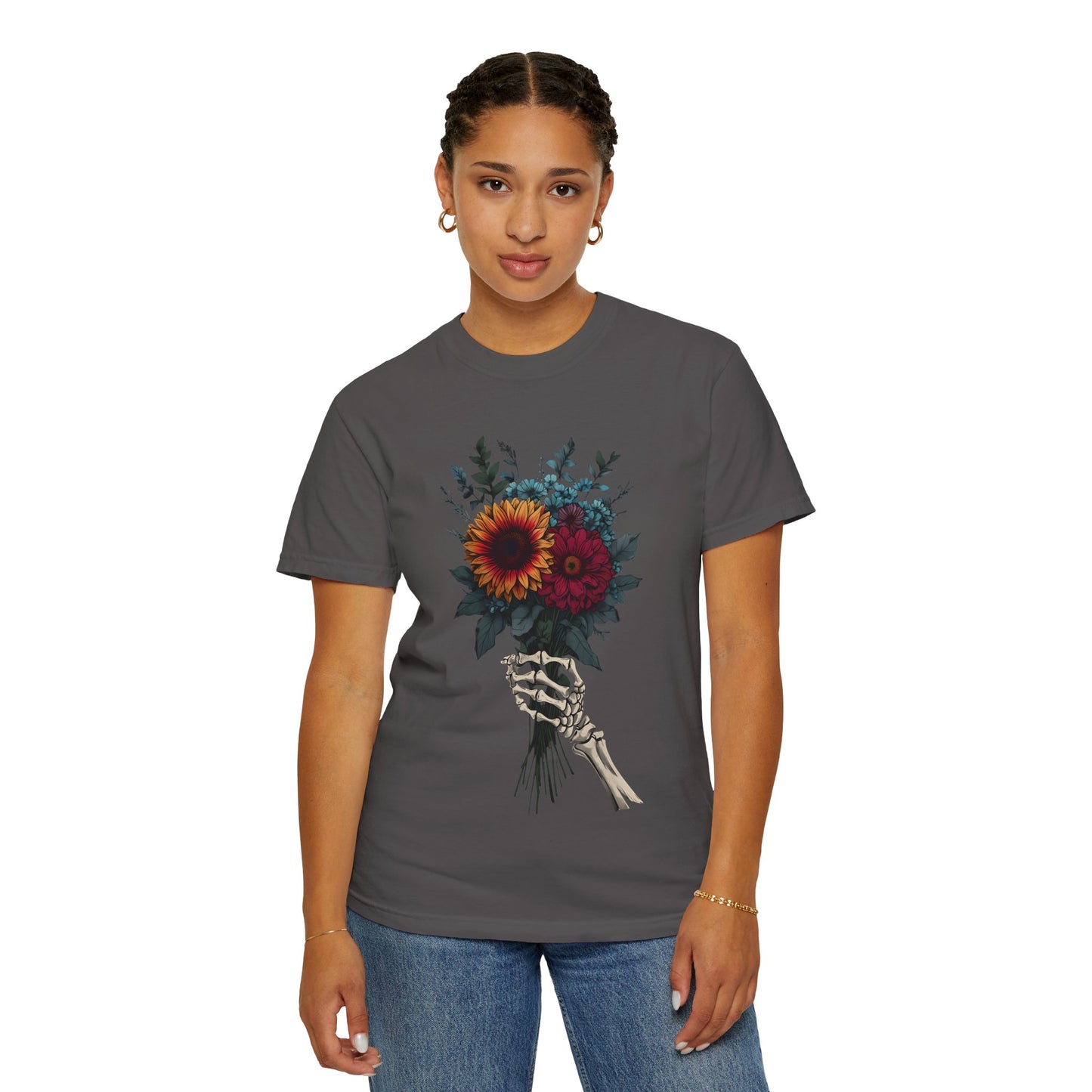 Skeleton Hand Floral Bouquet Tee - Unisex Garment-Dyed T-shirt
