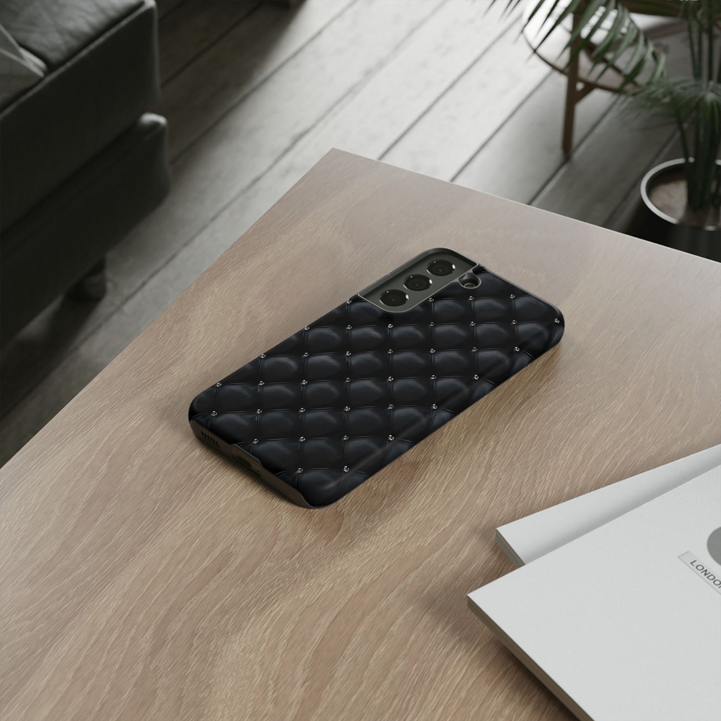 Stylish Tough Phone Case - Elegant Black Quilted Design