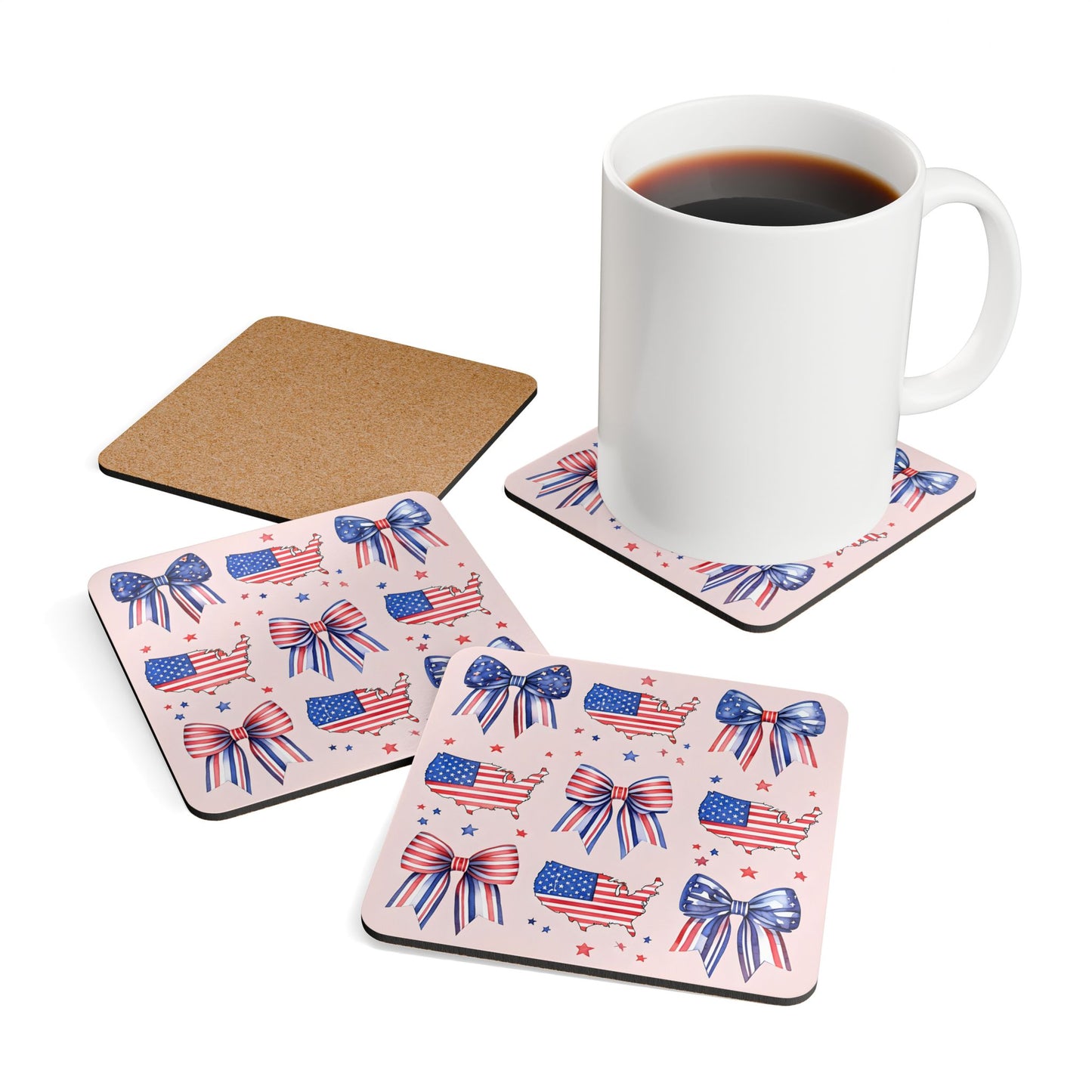 Patriotic Cork Coaster Set – USA Map & Bows - Perfect for Fourth of July Celebrations!