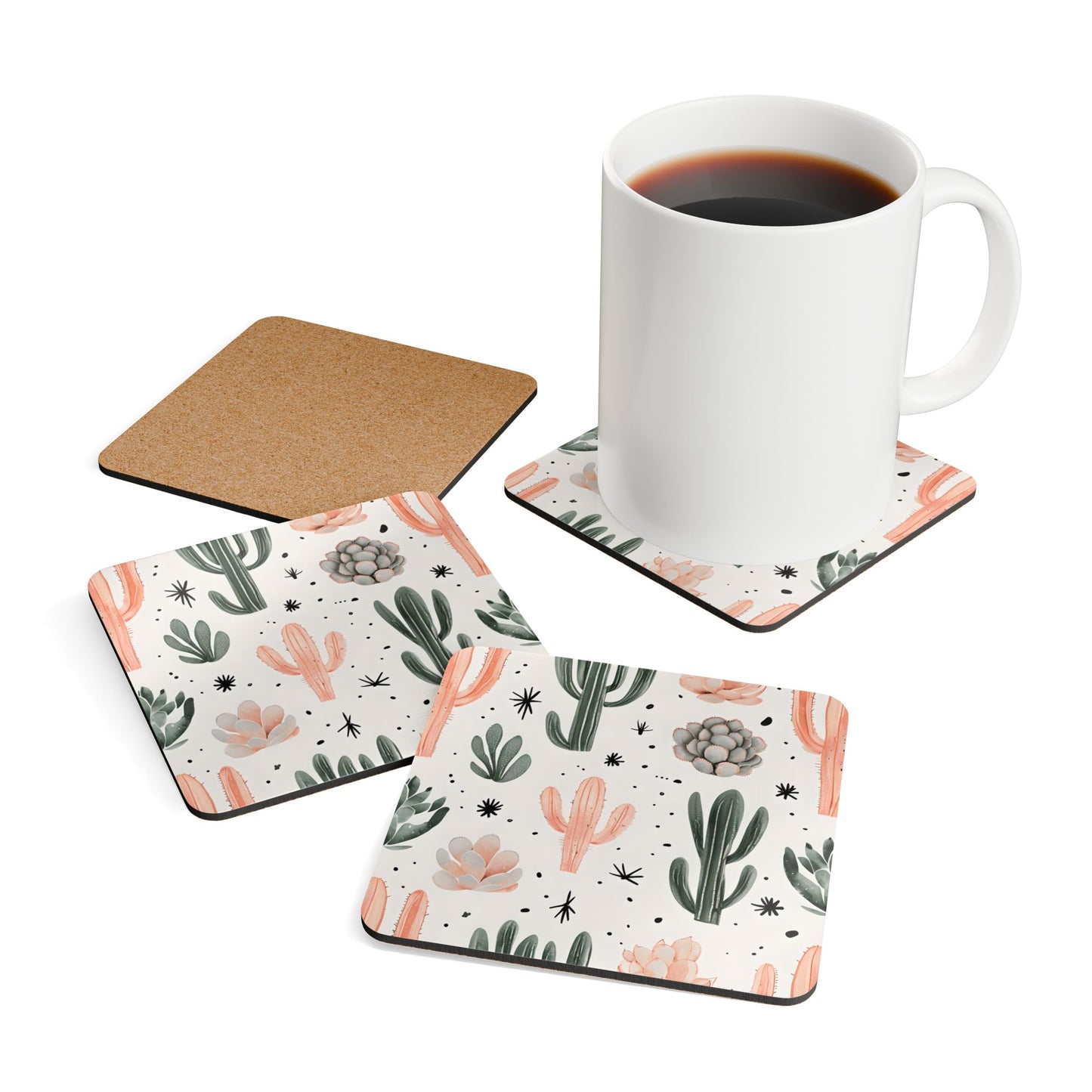 Cactus Print Cork Coaster Set - Decorative Drink Coasters for Home & Parties