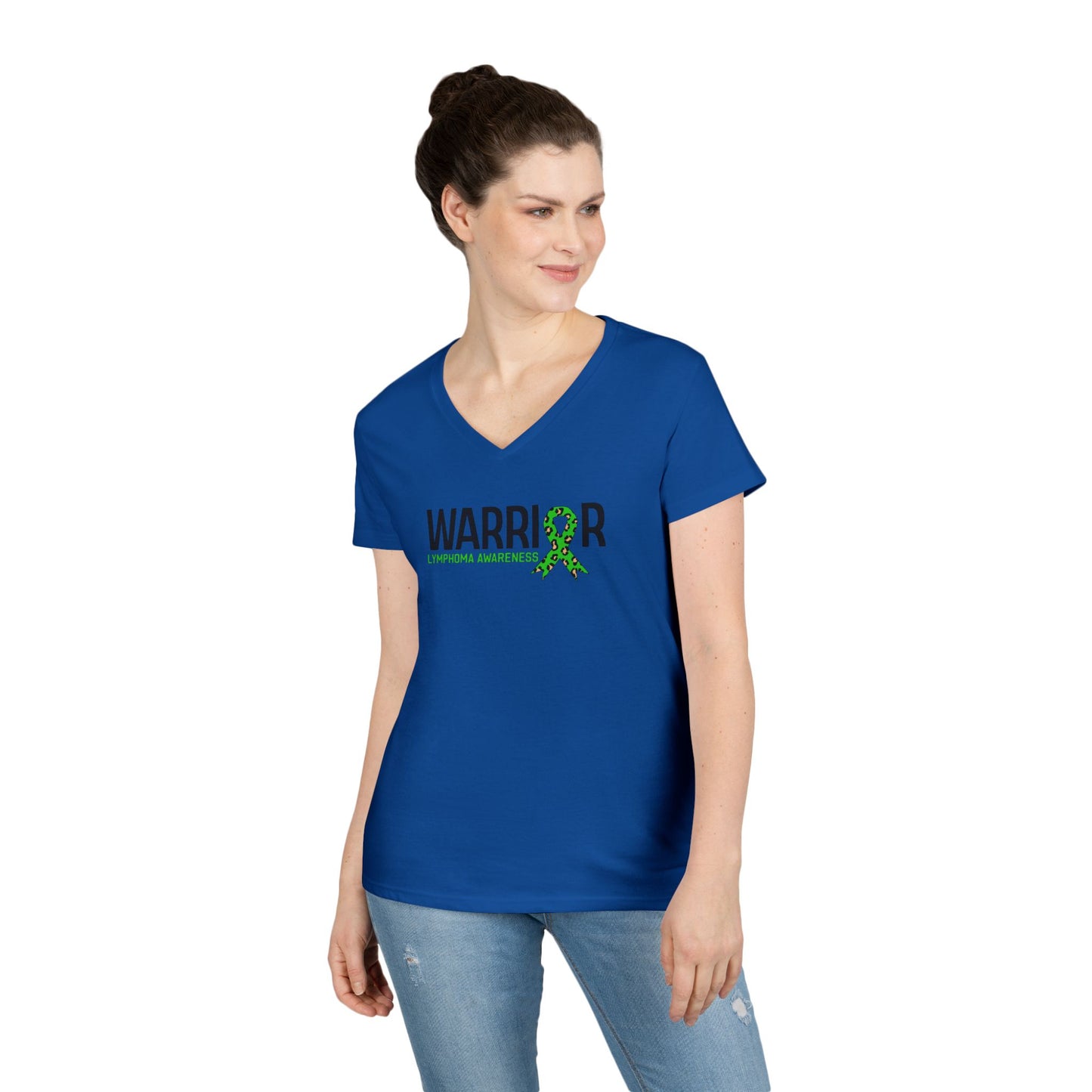 Ladies' V-Neck T-Shirt - Lymphedema Awareness Warrior Tee, Supportive Gift, Cancer Awareness, Health Advocacy, Green Ribbon Tee