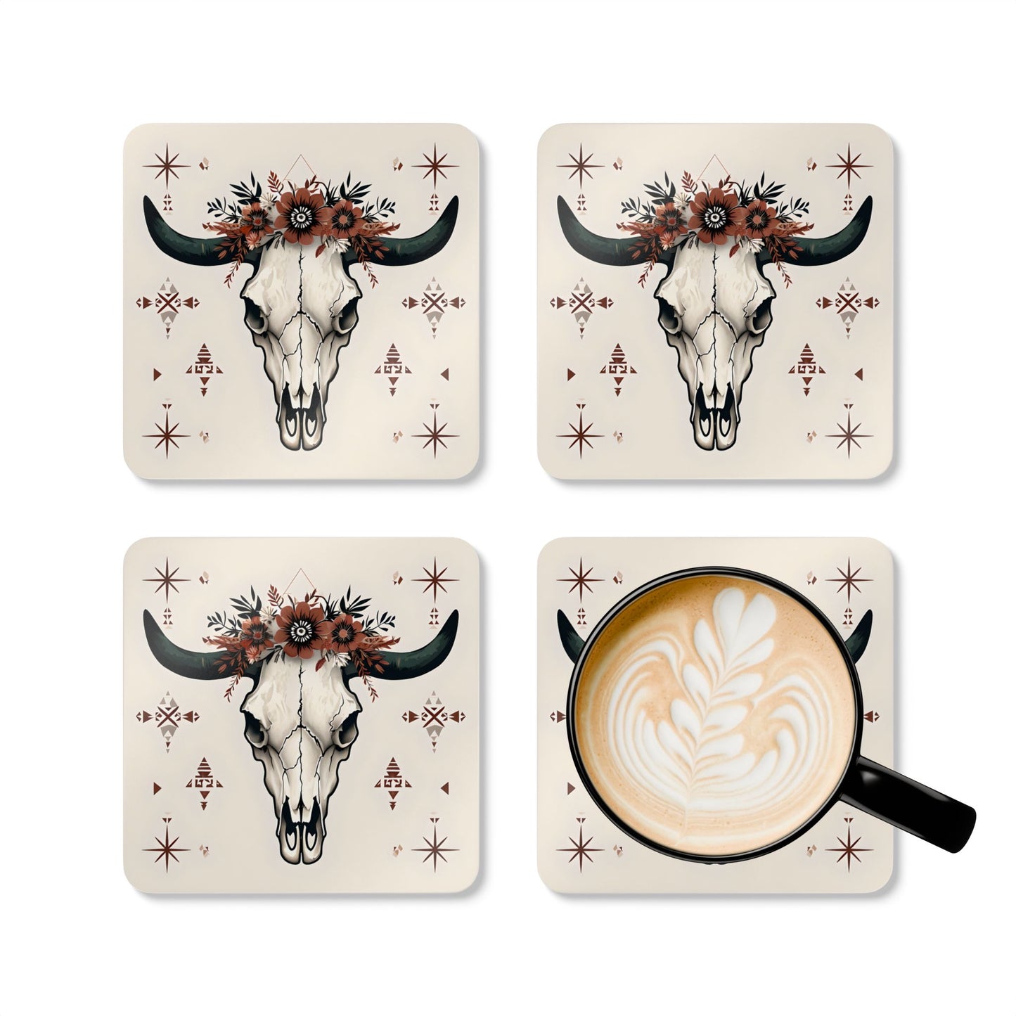 Rustic Floral Skull Coaster Set - Boho Home Decor