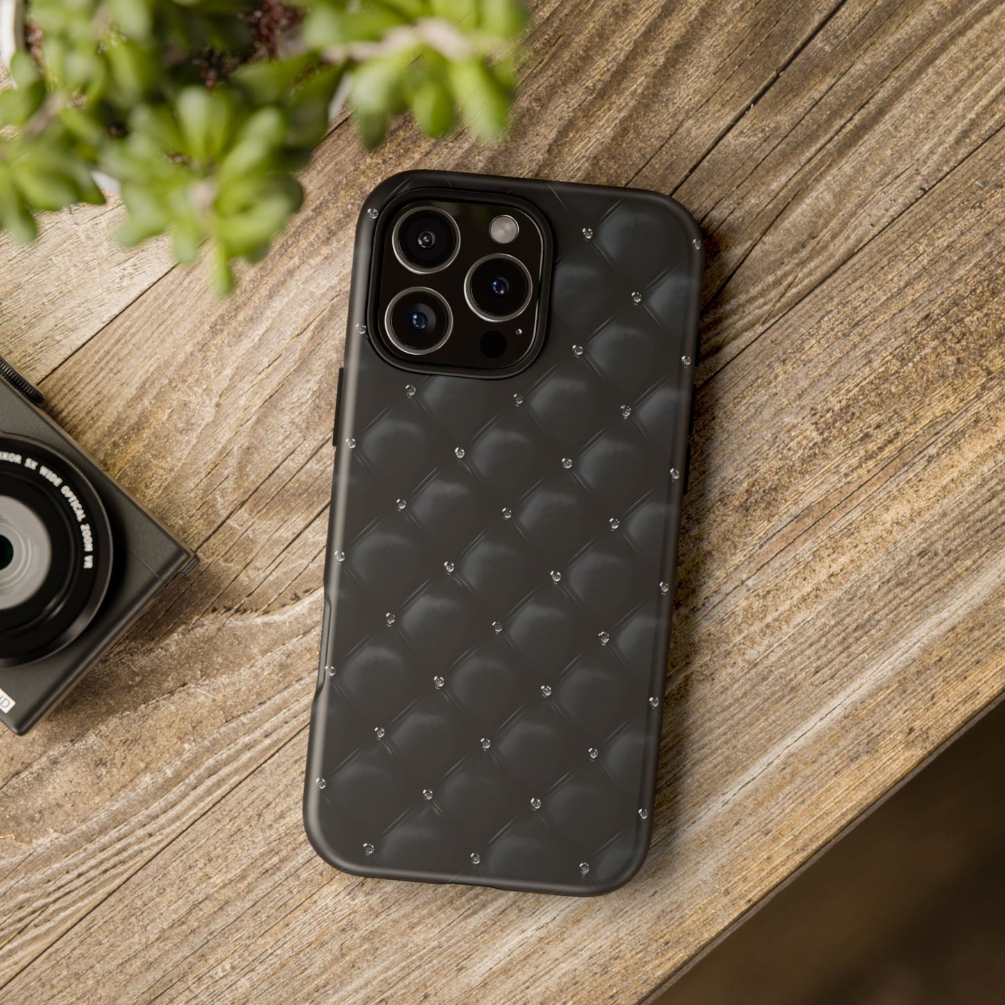 Stylish Tough Phone Case - Elegant Black Quilted Design