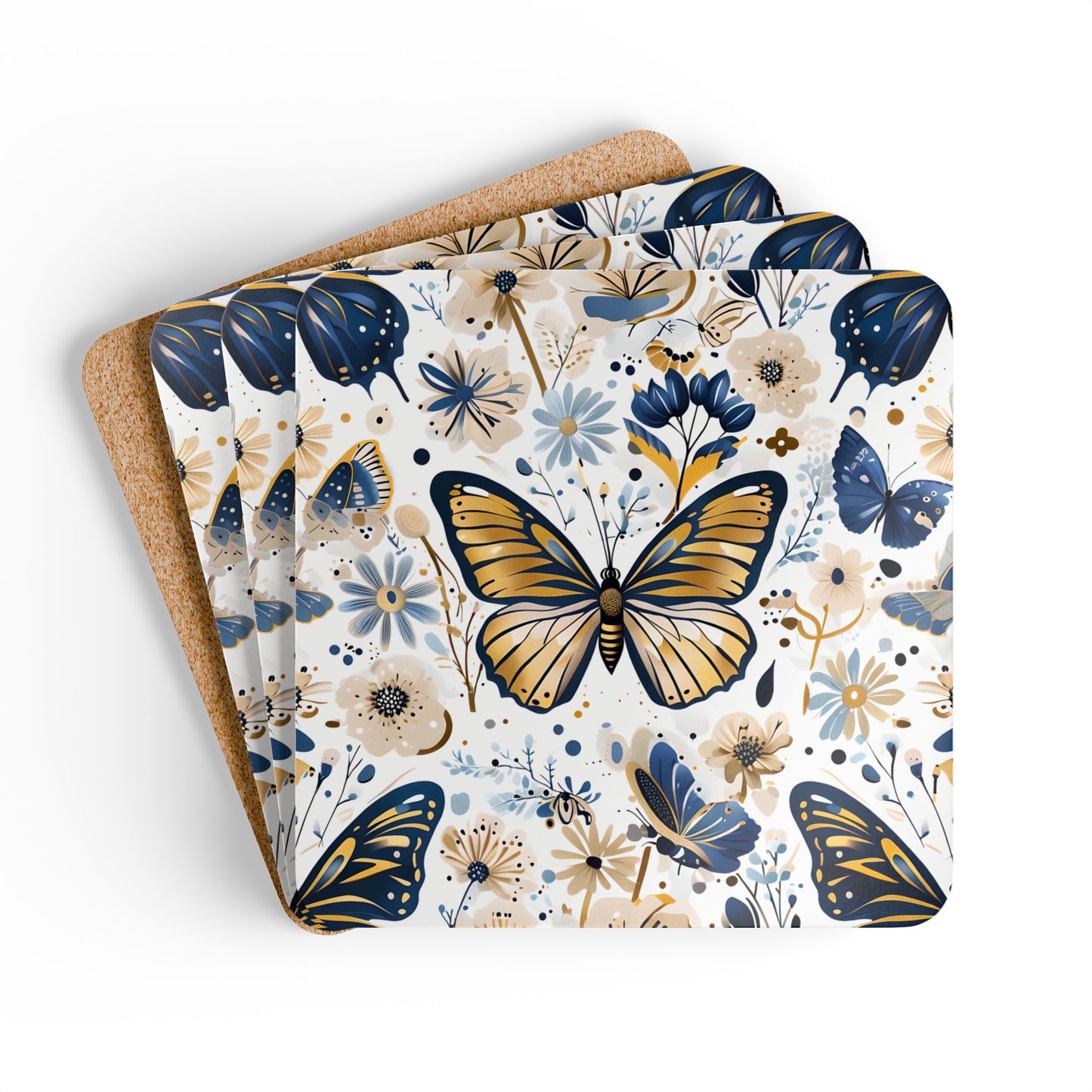 Butterfly Floral Cork Coaster Set - 4 Piece Drink Coasters for Home Decor