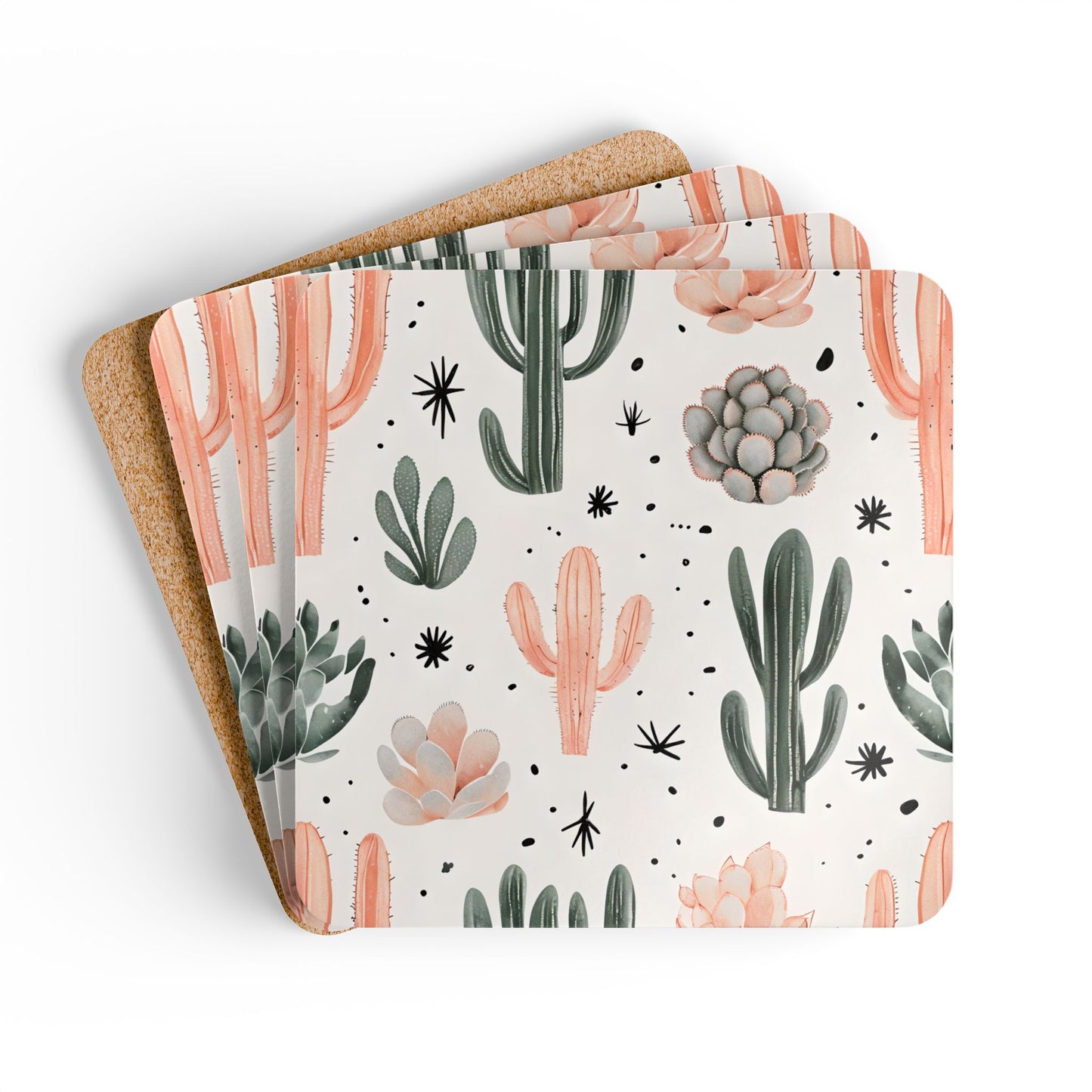 Cactus Print Cork Coaster Set - Decorative Drink Coasters for Home & Parties