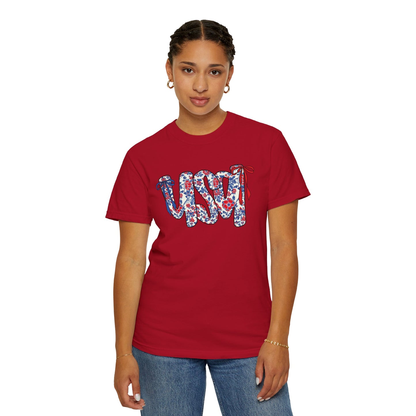 USA Coquette Retro Floral Script Unisex T-Shirt - Perfect for Patriotic Celebrations