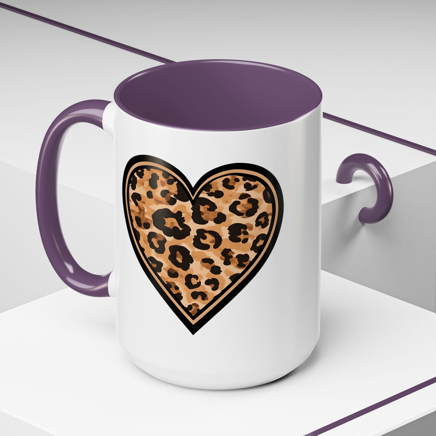 Leopard Heart Accent Coffee 15 oz Mug - Stylish Animal Print Mug for Daily Inspiration