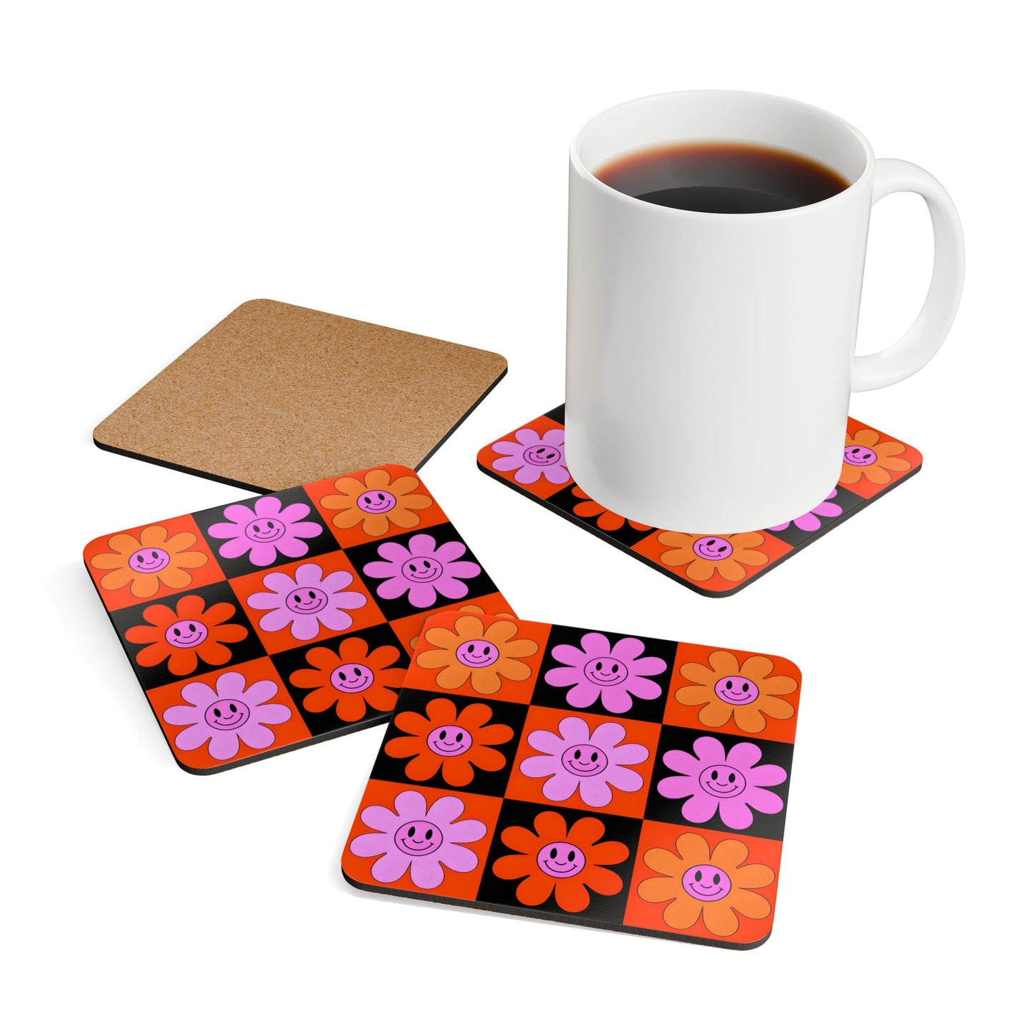 Retro Floral Cork Coaster Set - Happy Smiley Design for Home & Parties