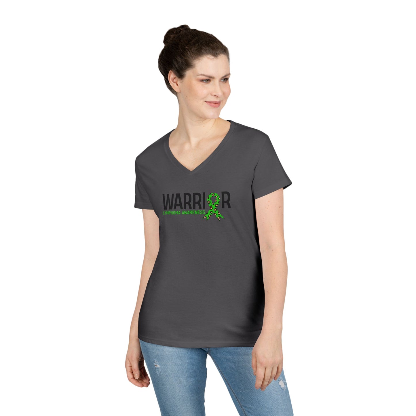 Ladies' V-Neck T-Shirt - Lymphedema Awareness Warrior Tee, Supportive Gift, Cancer Awareness, Health Advocacy, Green Ribbon Tee