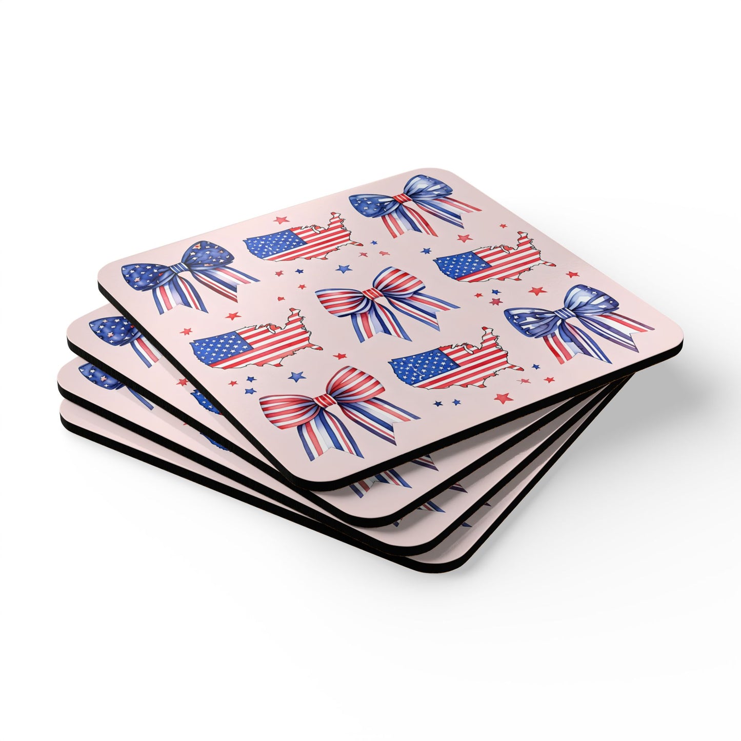 Patriotic Cork Coaster Set – USA Map & Bows - Perfect for Fourth of July Celebrations!