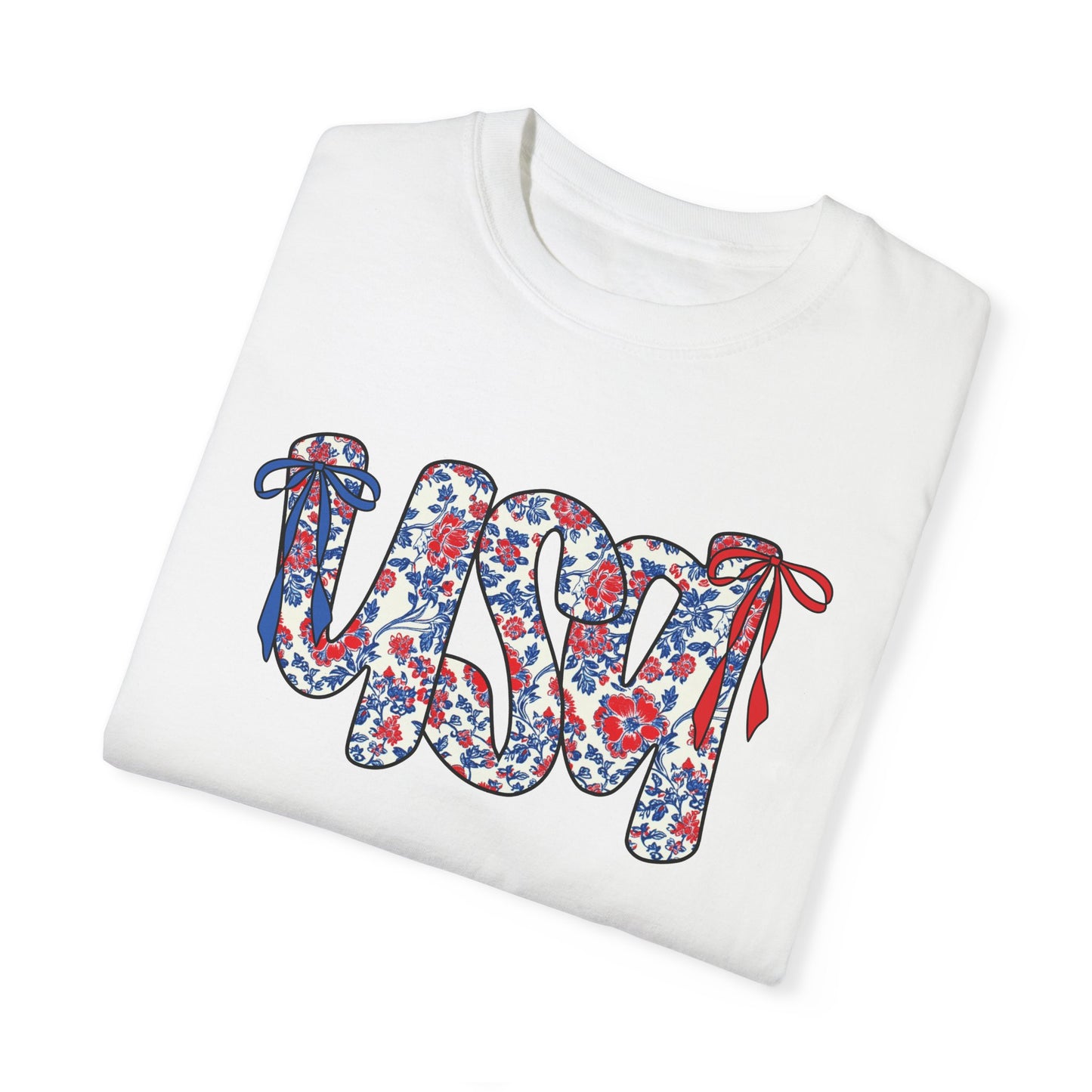 USA Coquette Retro Floral Script Unisex T-Shirt - Perfect for Patriotic Celebrations