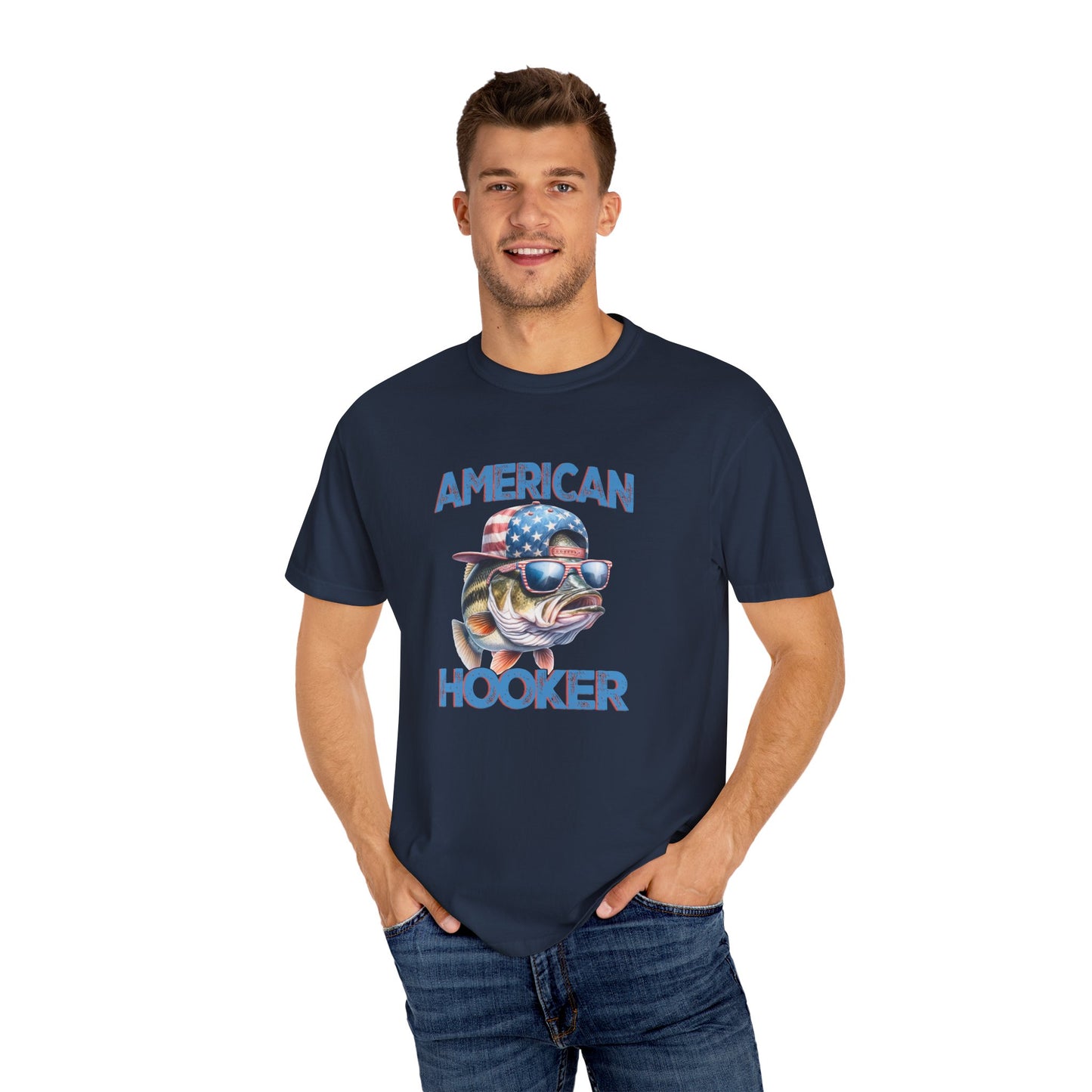 American Hooker Fish Graphic T-Shirt - Unisex Garment-Dyed Tee for Fishing Enthusiasts